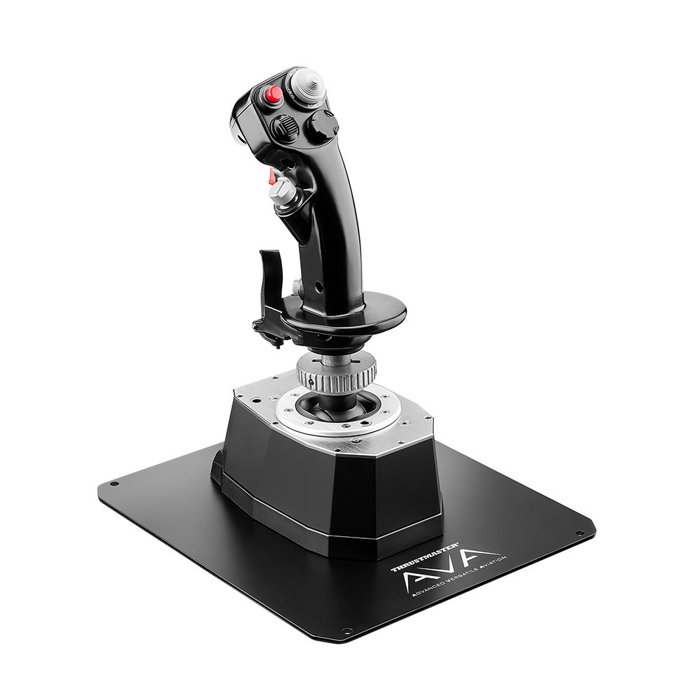Ein schwarzer Flugsimulator-Joystick mit Metallbasis und roten Knöpfen.