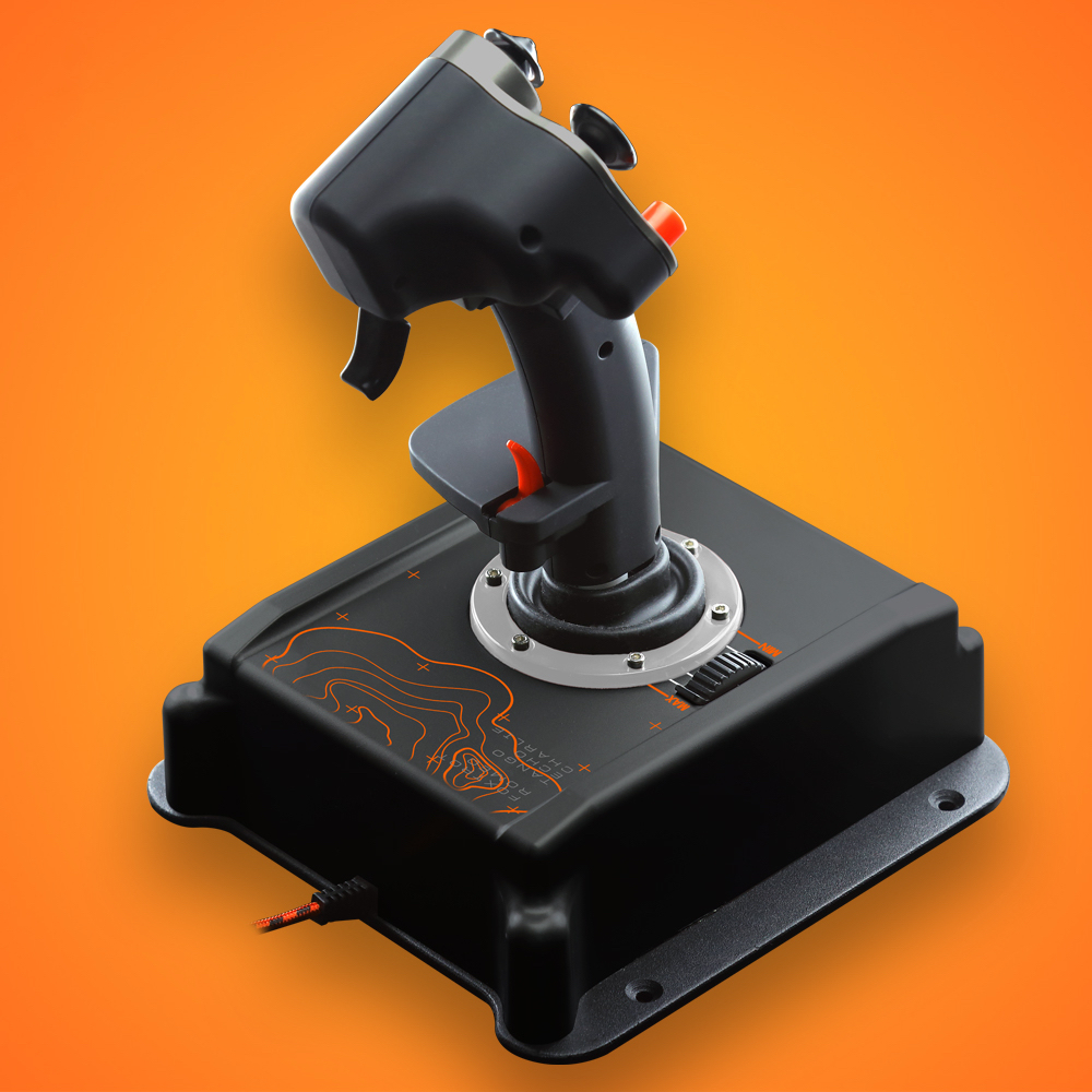 Un joystick de juego negro con detalles rojos sobre un fondo naranja.
