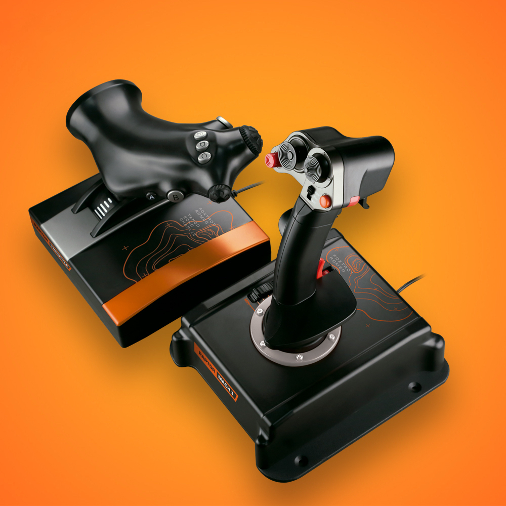 Dos joysticks negros con detalles naranjas sobre fondo naranja.