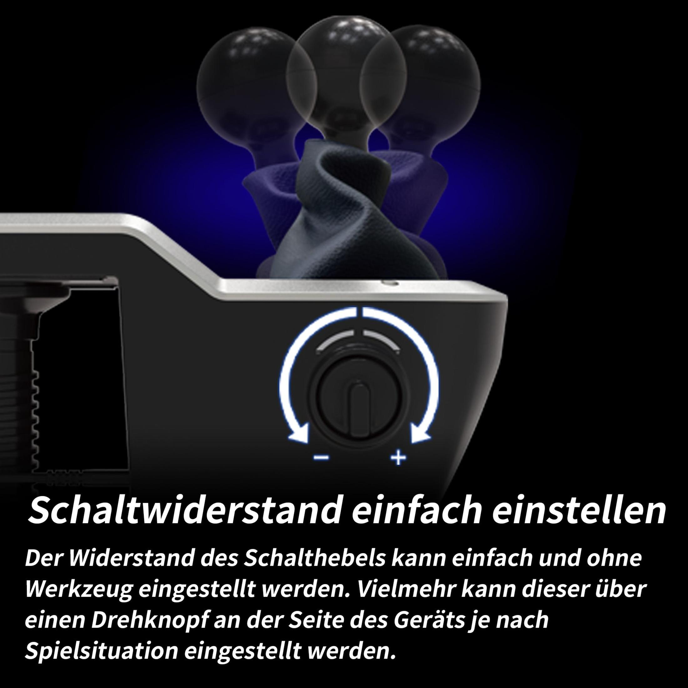Schalthebel mit Einstellknopf und blauer Hintergrundbeleuchtung.