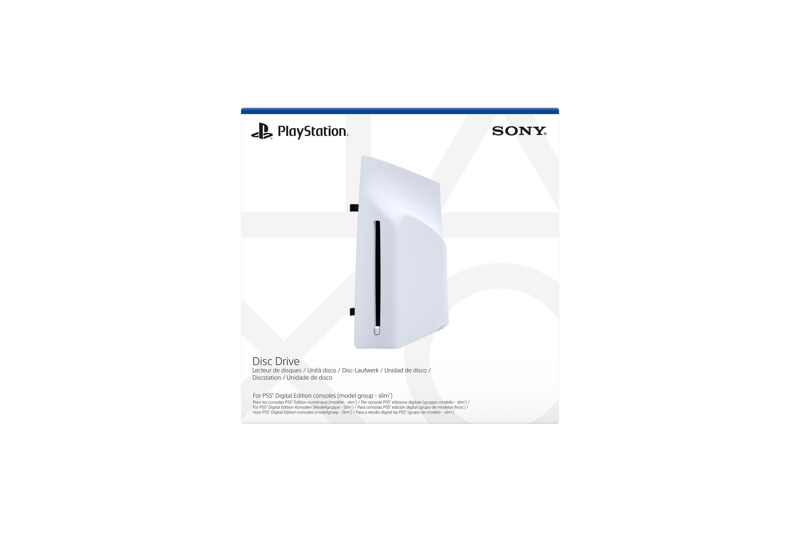 Ein weißes PlayStation Disc Drive für PS5 Digital Edition Konsolen.
