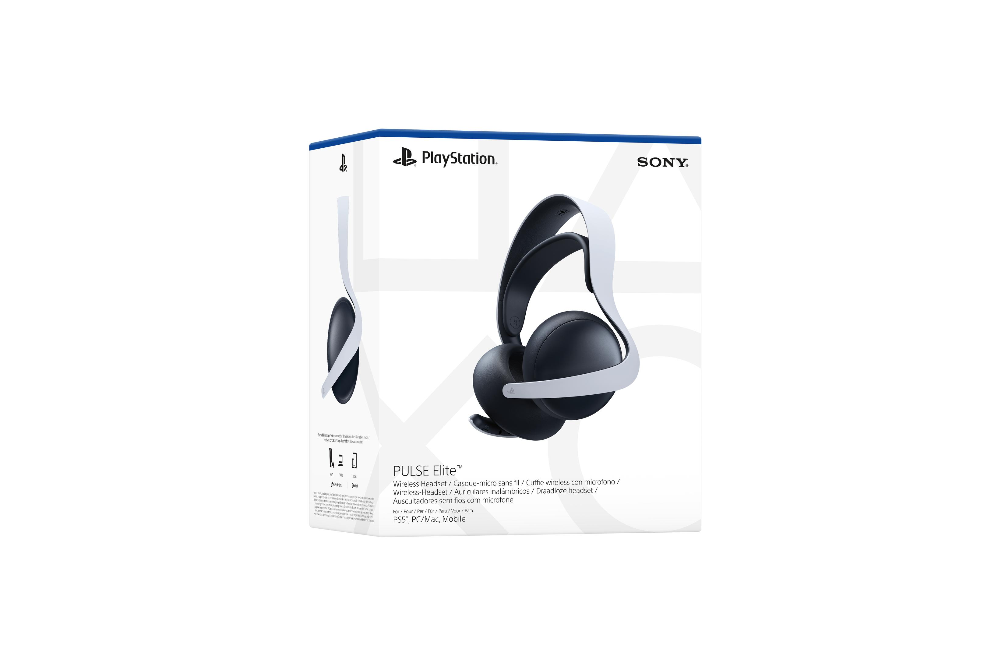 Playstation Pulse Elite kabelloser Headset-Karton mit Sony-Logo. Schwarz und weiß.
