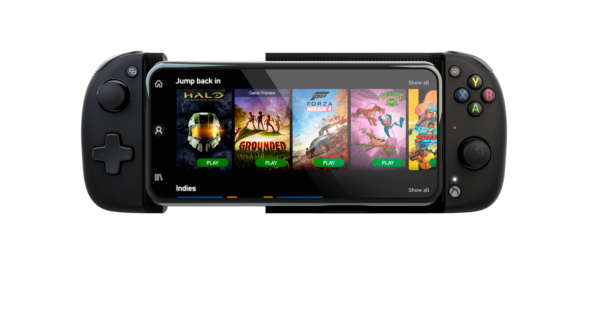 Ein Smartphone mit Spielen wie Halo und Forza auf einem schwarzen Controller.