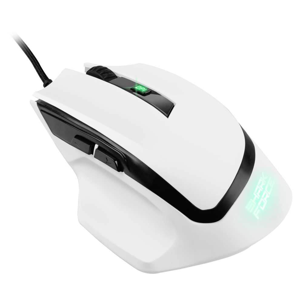 Een witte gamingmuis met zwarte accenten en een verlichte DPI-knop.