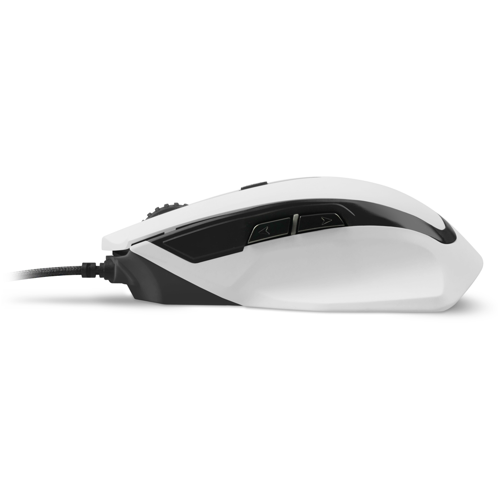 Witte gamingmuis met zwarte accenten en een scrollwiel.