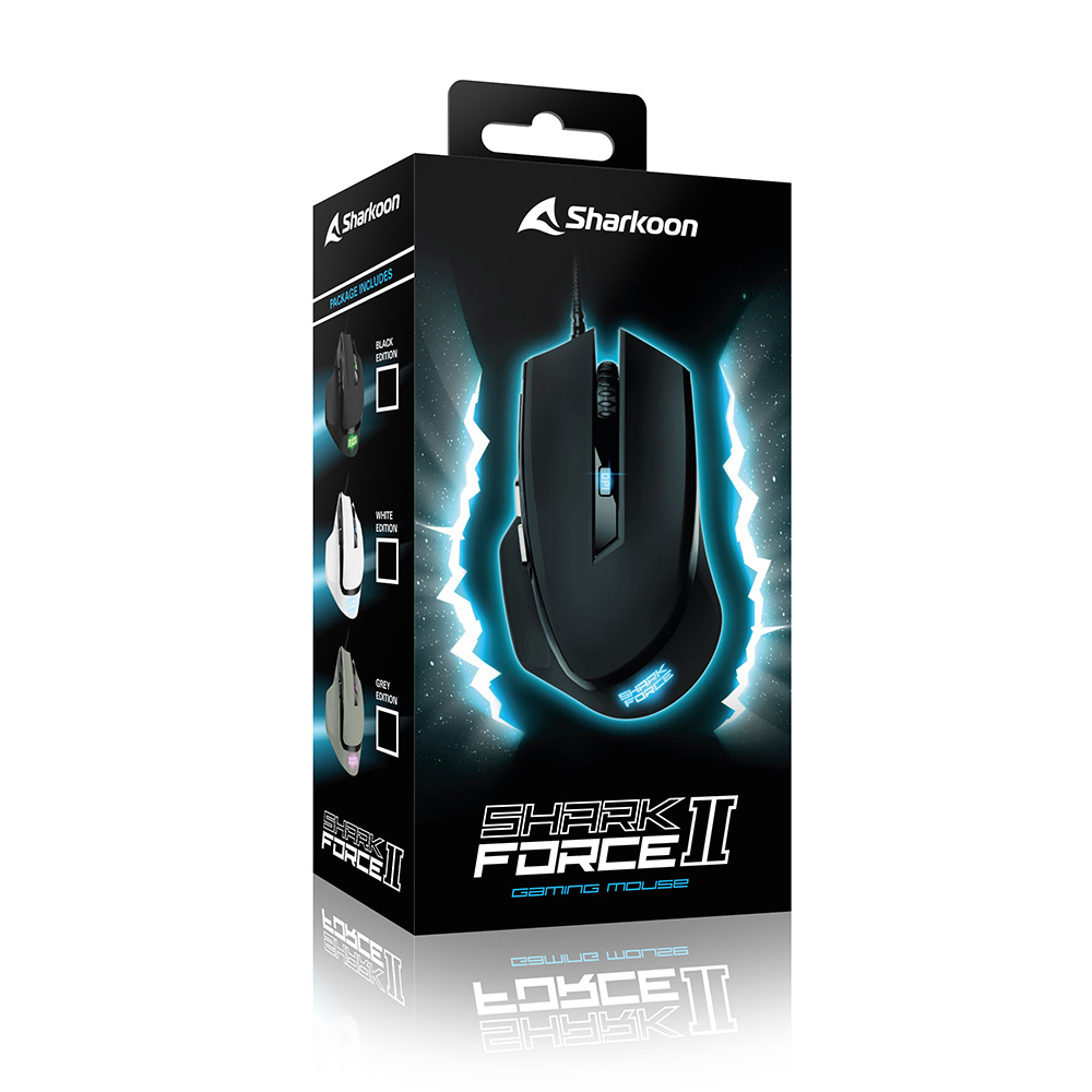 Verpackung einer schwarzen Sharkoon Gaming-Maus mit blauen Lichteffekten.