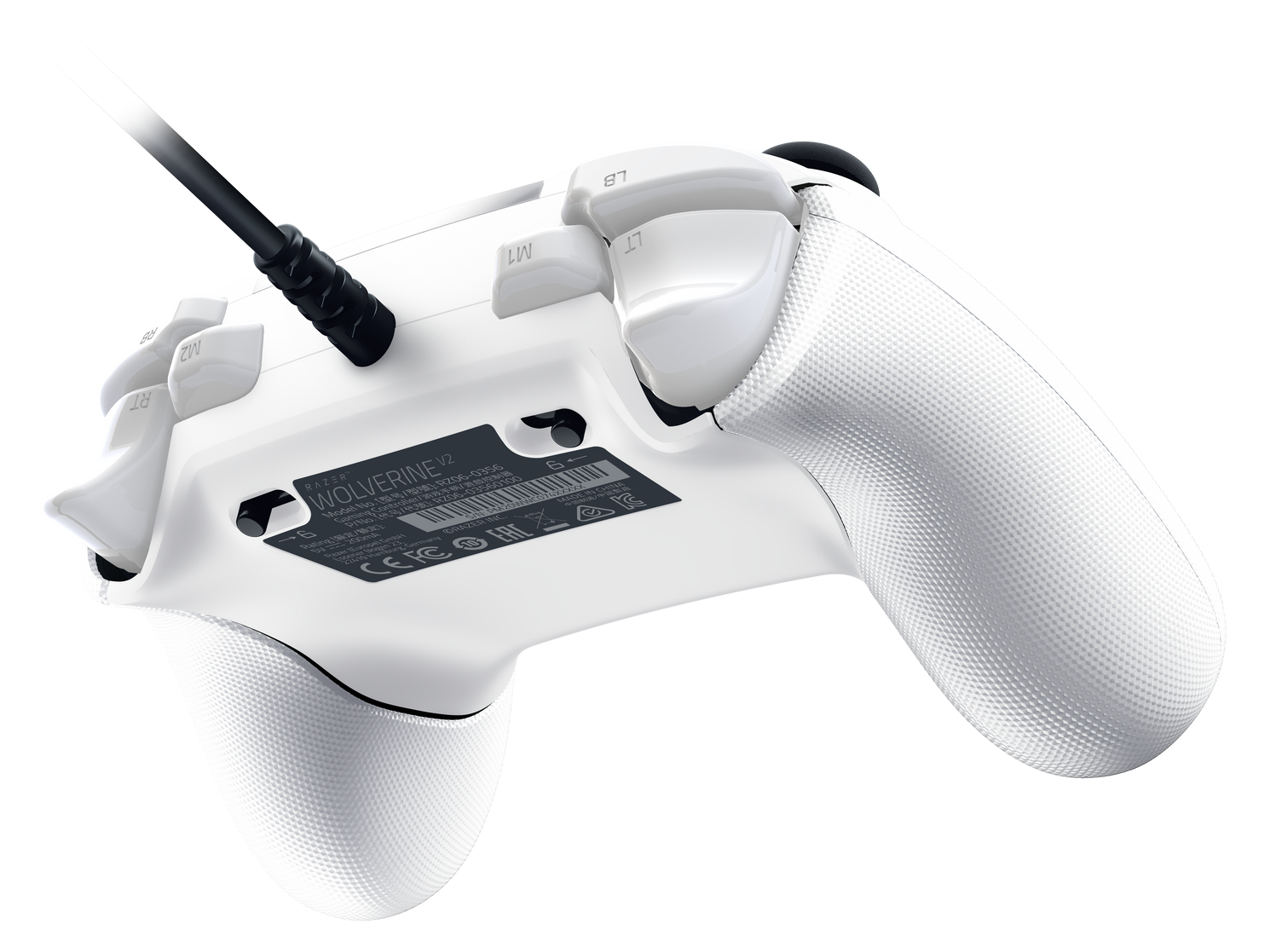 A white Razer Wolverine V2 gaming controller with a black cable and labels.