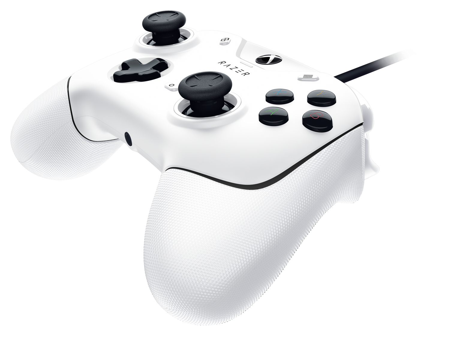 A white Razer controller with black buttons and joysticks.