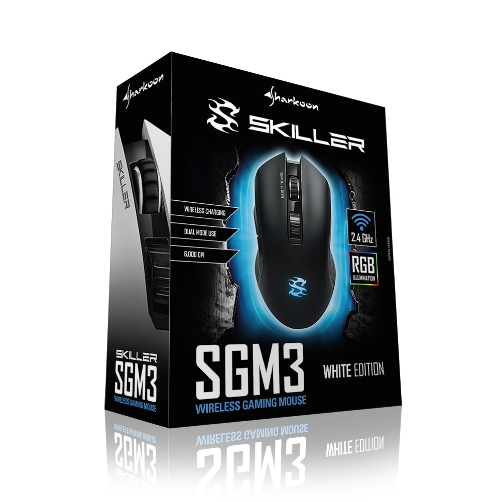 Verpackung einer schwarzen Sharkoon SKILLER SGM3 Gaming-Maus mit RGB-Beleuchtung.