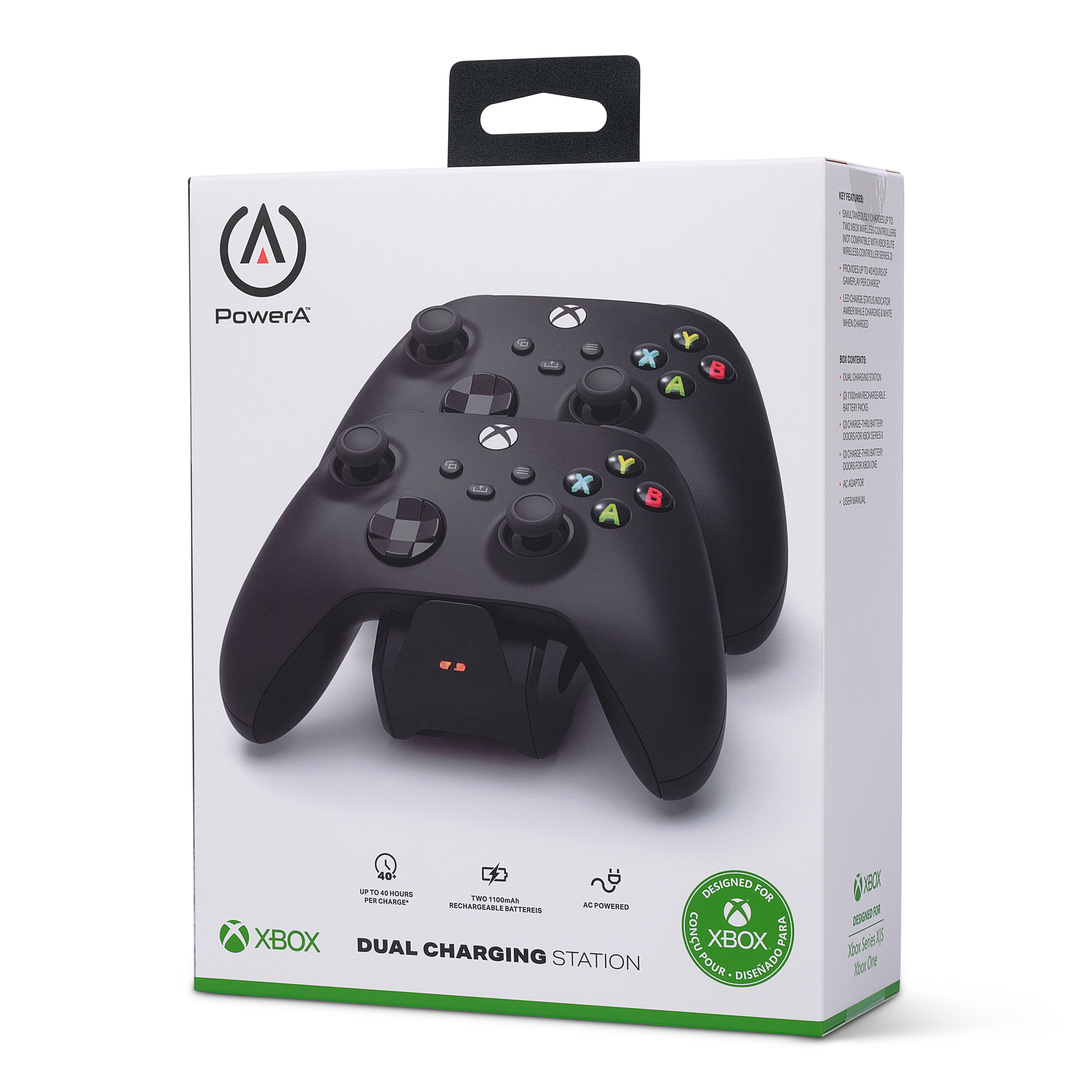 Verpackung für eine PowerA Dual Xbox Controller Ladestation mit zwei schwarzen Controllern.