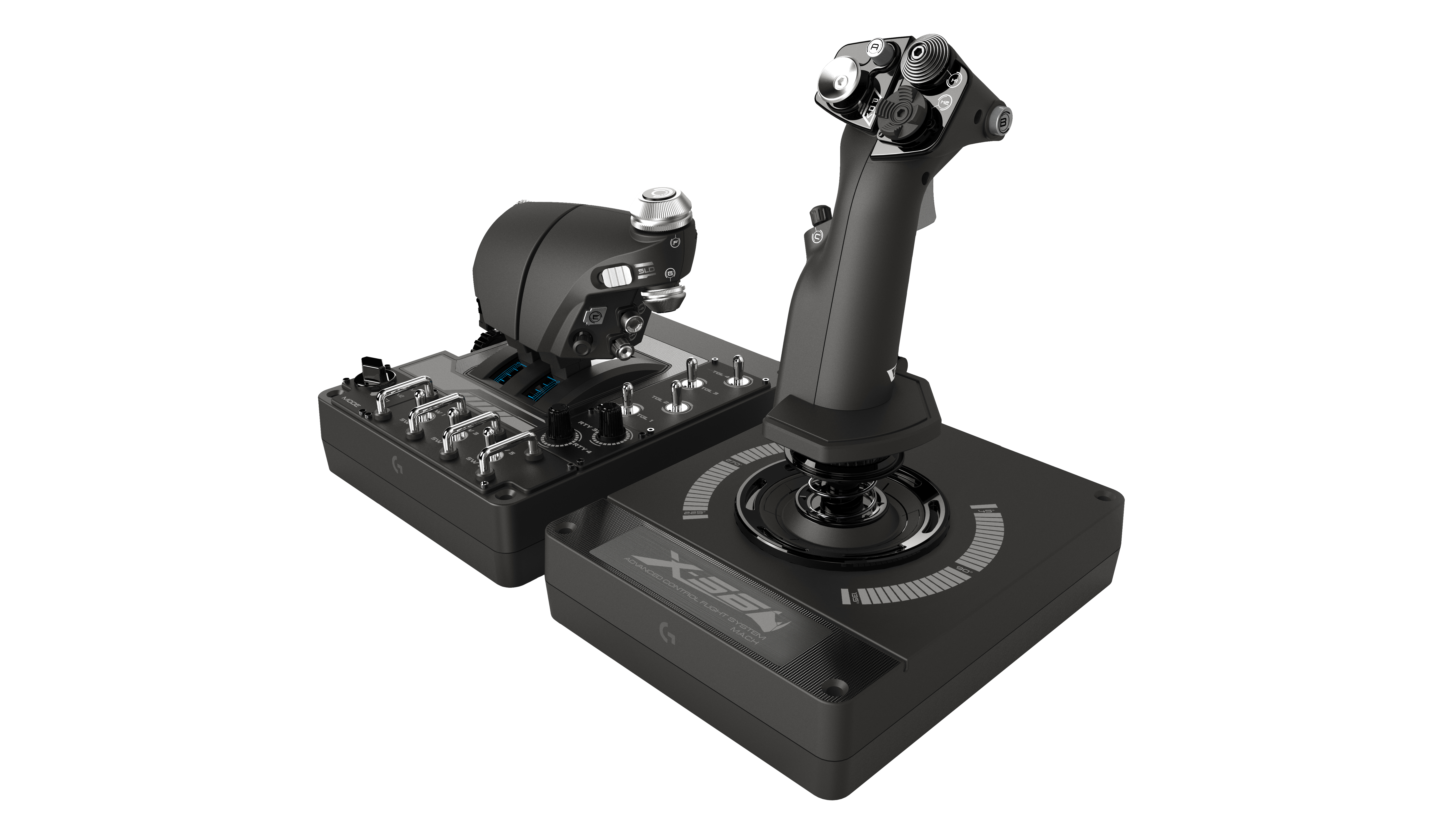 Ein Flugsimulator-Joystick und Schubregler-Set mit vielen Knöpfen und Schaltern.