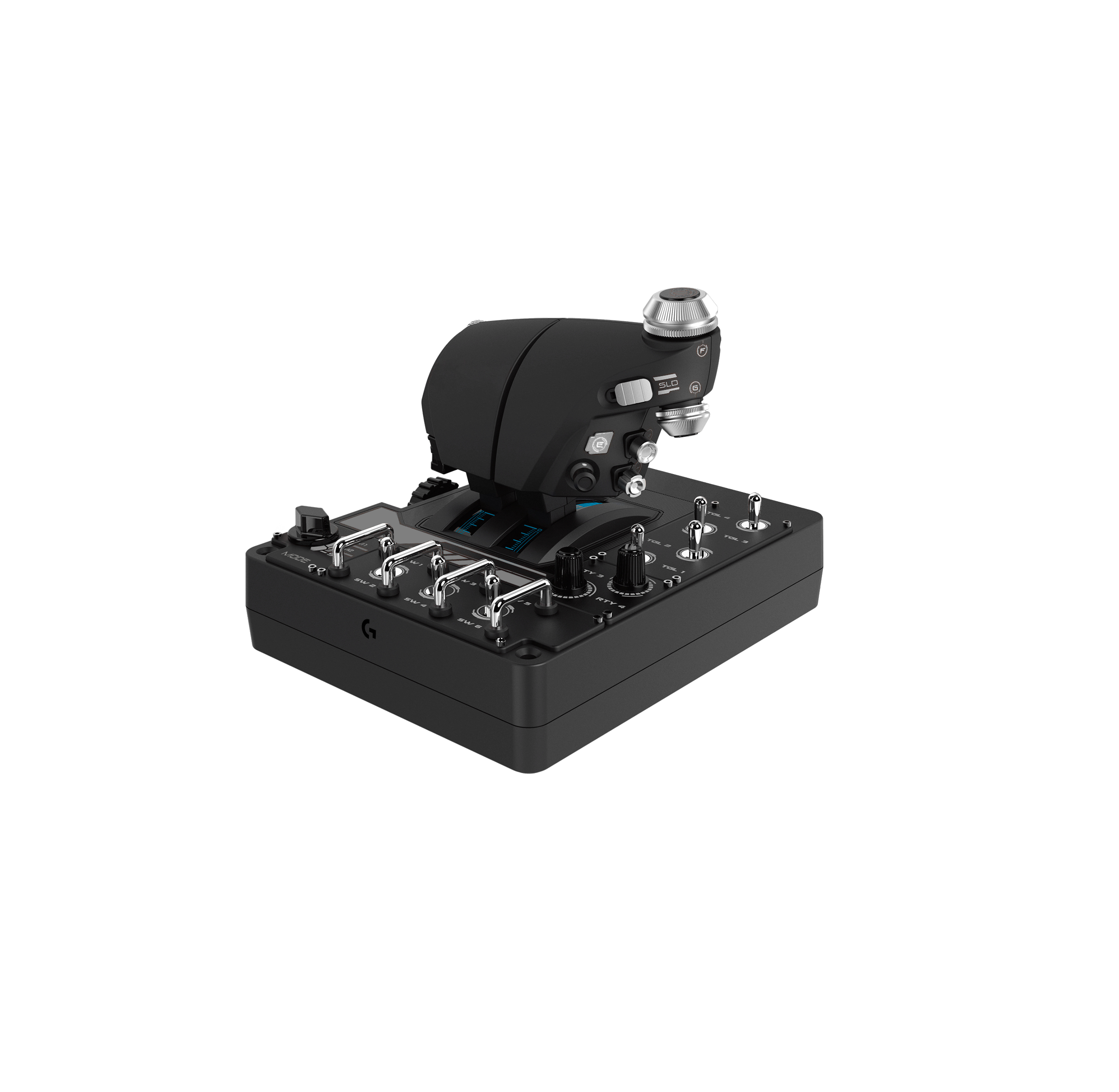 Schwarzer Flugsimulator-Joystick mit Schaltern und Reglern auf einer Basis.