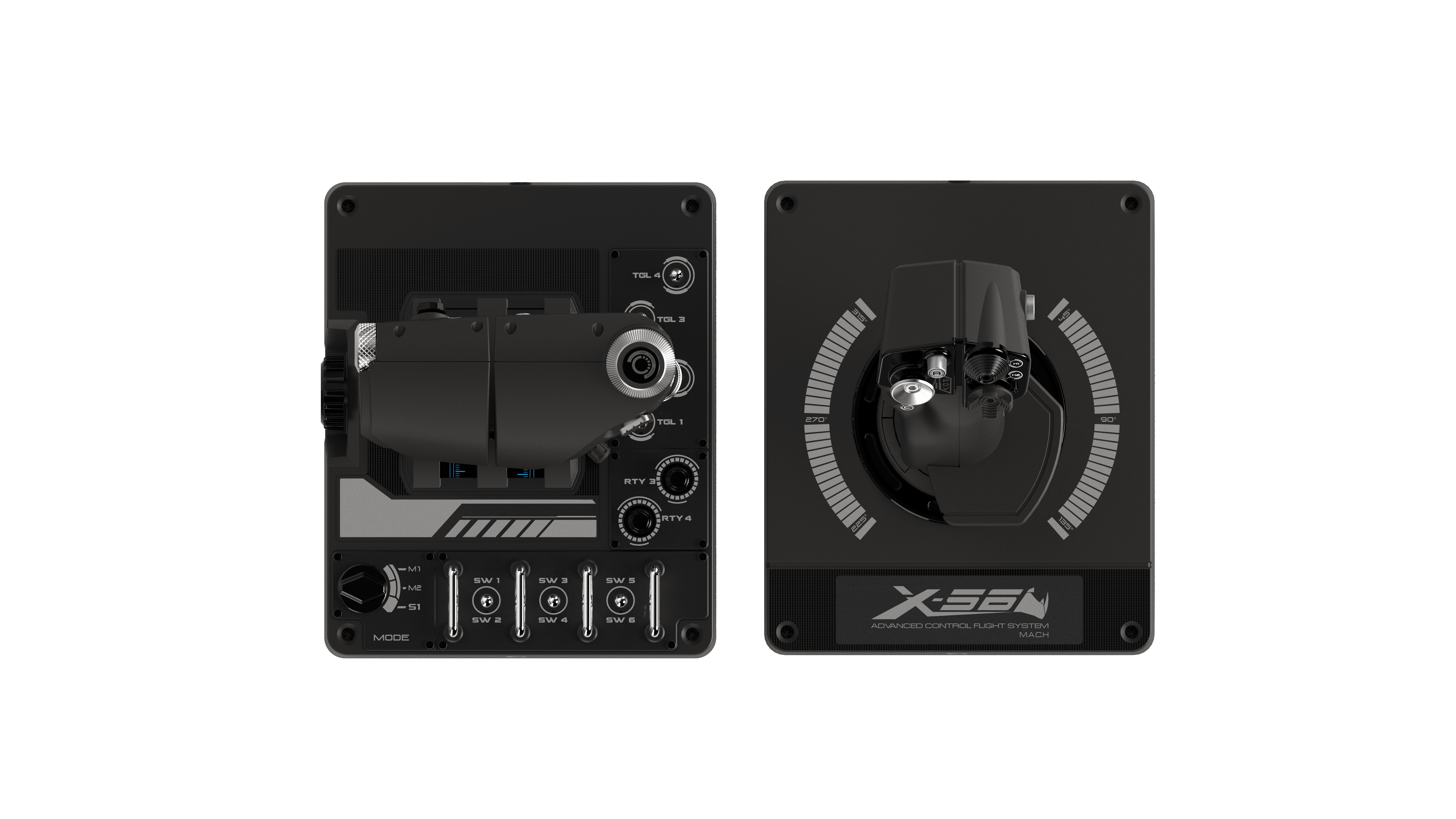 Zwei schwarze Flugsteuerungen. Links mit Knöpfen, Reglern und Schaltern. Rechts mit zentralem Joystick.