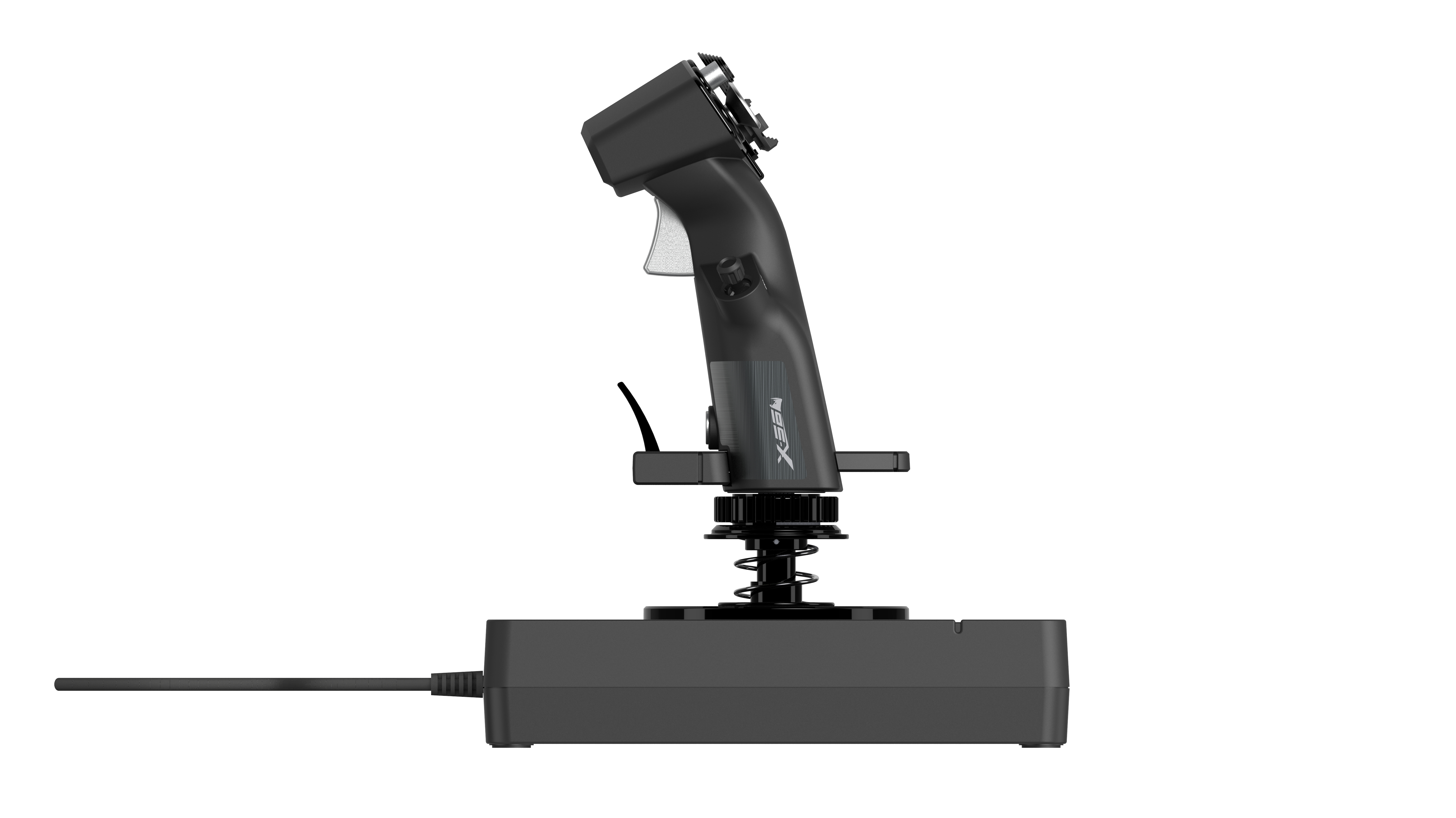 Ein schwarzer Joystick mit einem Kabel, auf weißem Hintergrund.