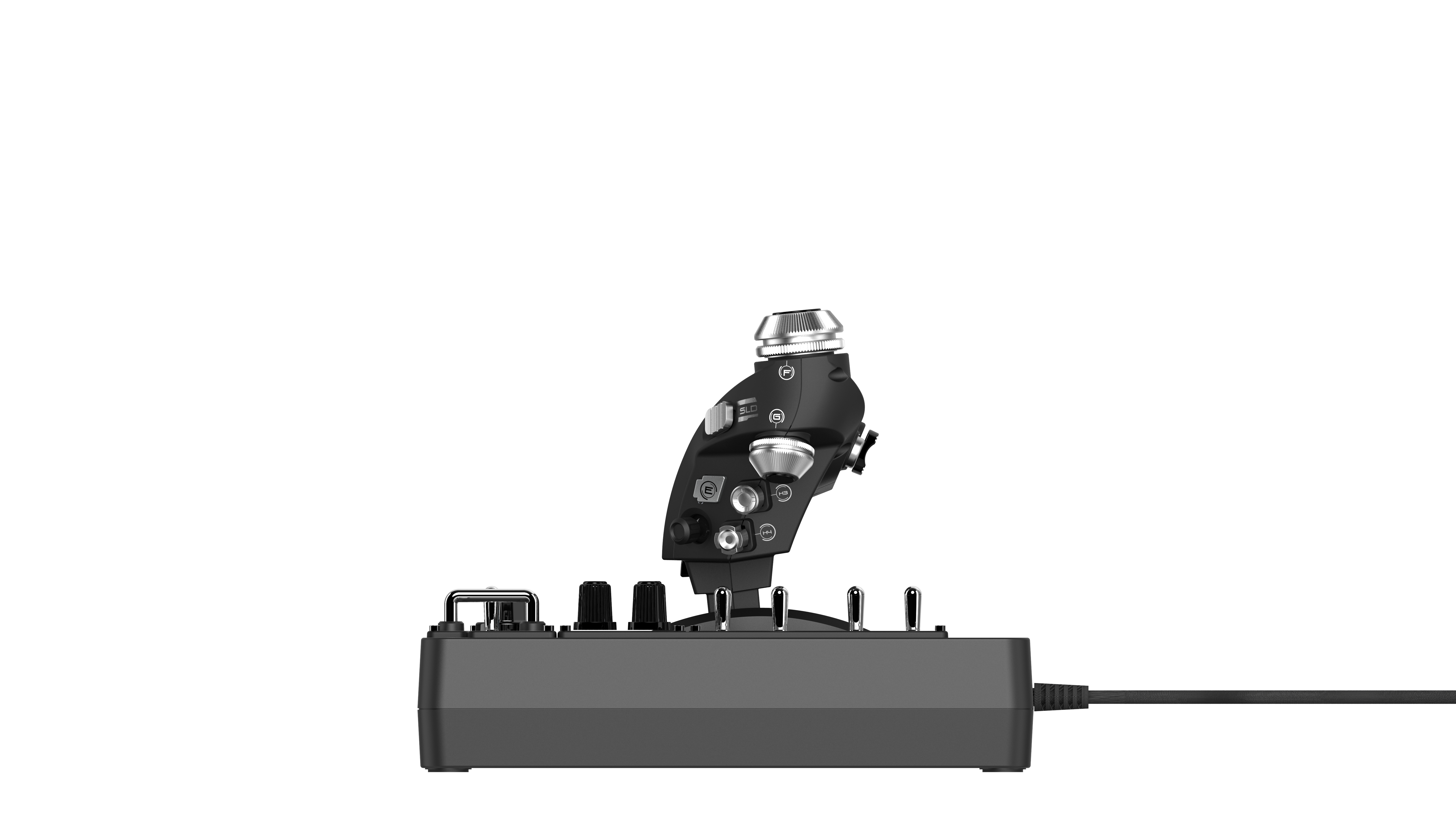 Ein schwarzer Joystick mit vielen Knöpfen und Schaltern, auf einer grauen Basis.