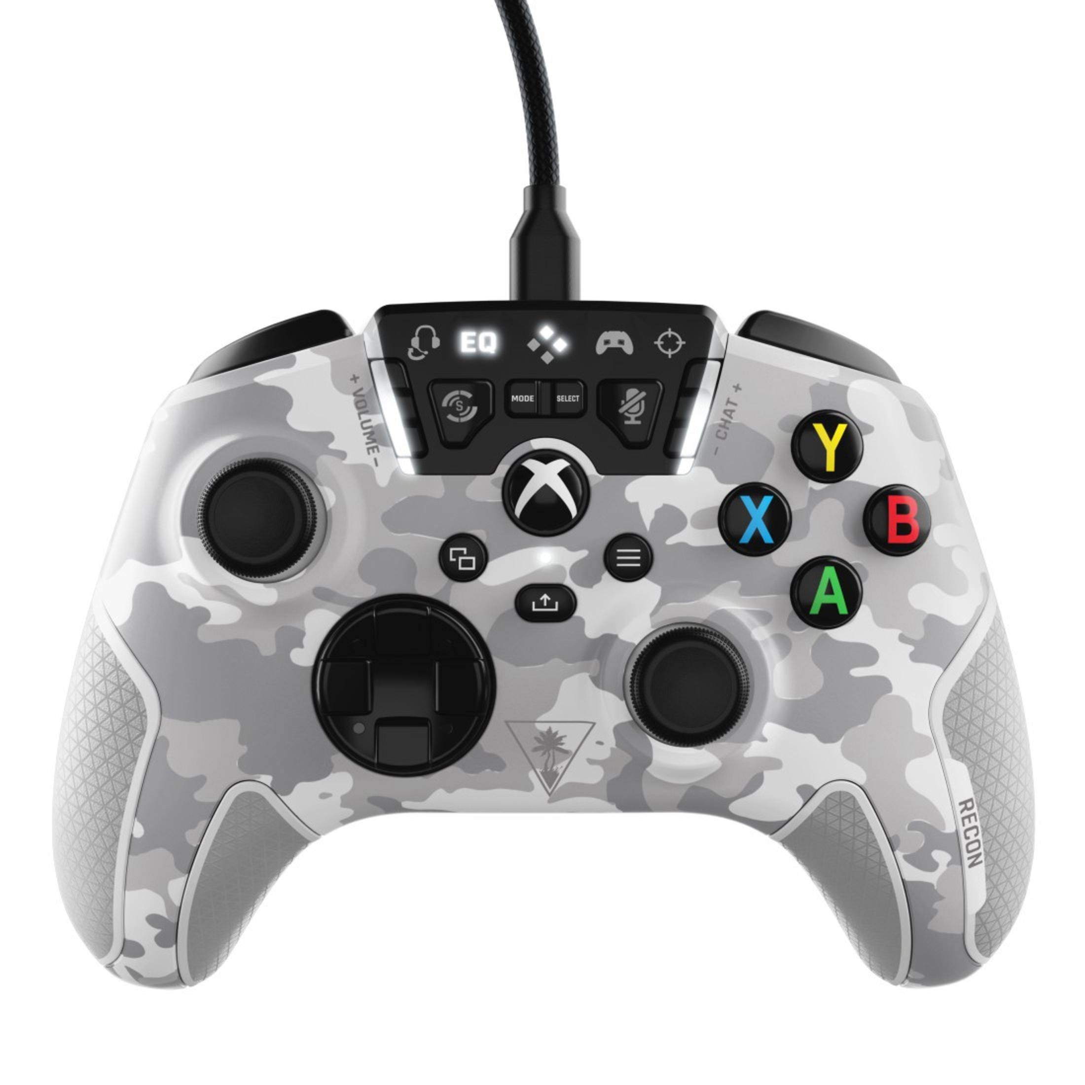 Ein weißer Xbox-Controller mit grauem Tarnmuster und schwarzen Akzenten.