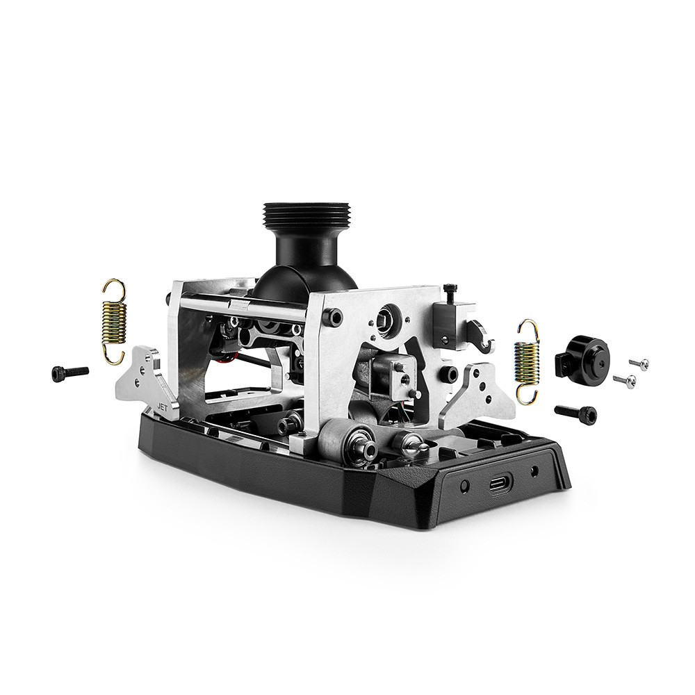 A metal frame with black and silver parts, springs, and screws.