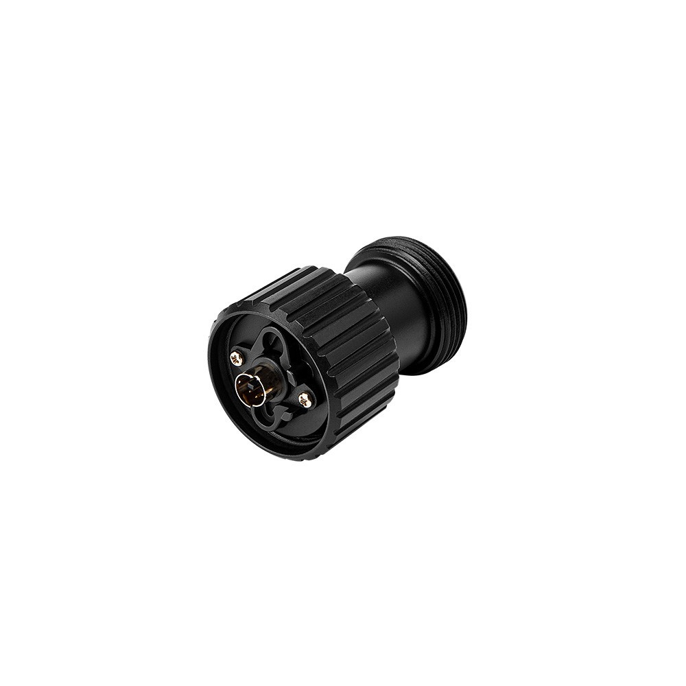 A black cylindrical connector with a ribbed grip and a circular input.