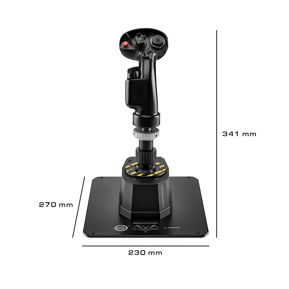 A black flight simulator joystick with yellow markings on a rectangular base.