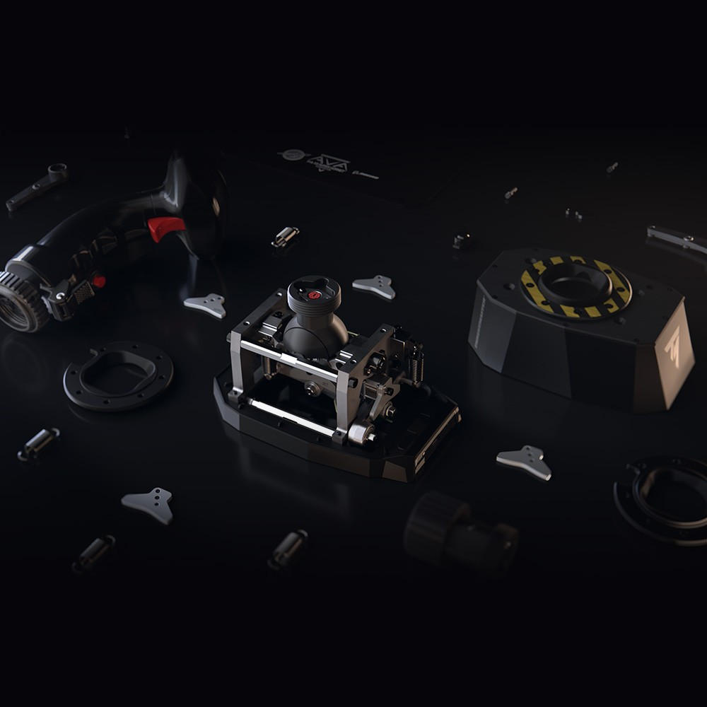 A black joystick with red accents lies beside disassembled parts.