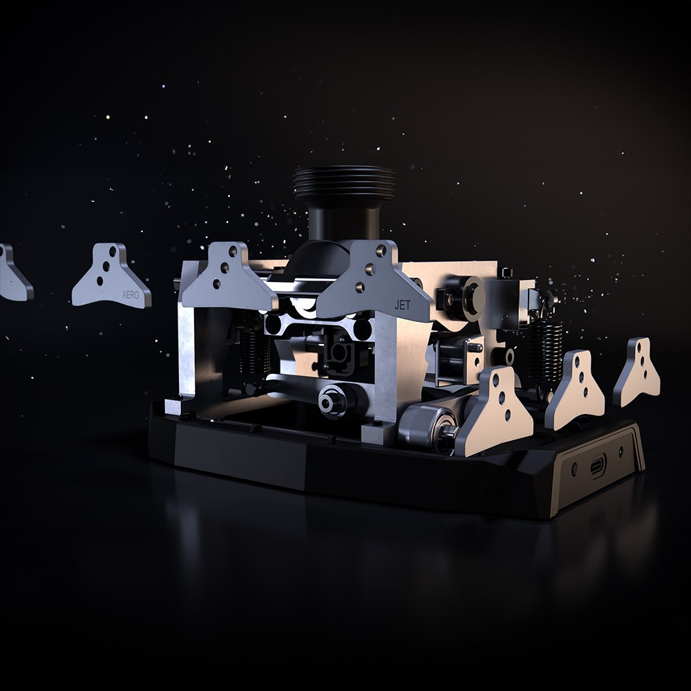 A metal mechanism with detachable parts labeled 'AERO' and 'JET'.
