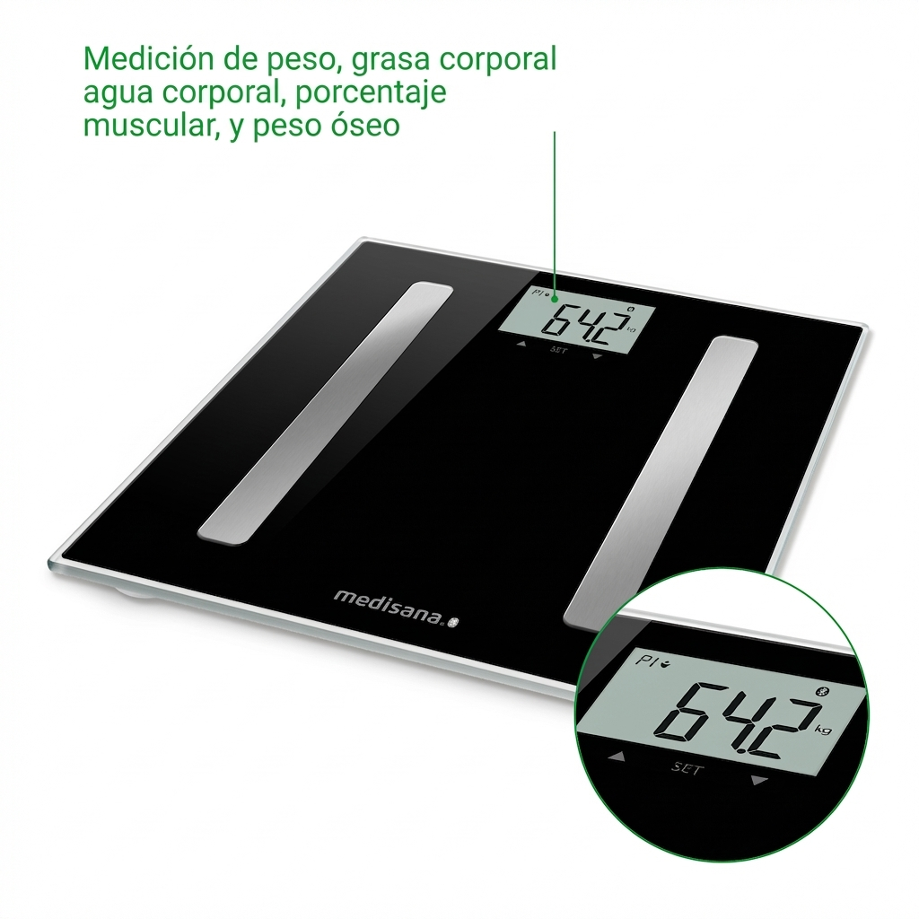 Zwarte digitale weegschaal met zilveren accenten, toont 64,2 kg.