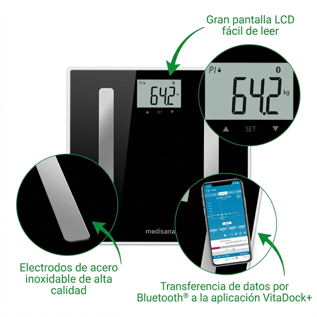 Een zwarte digitale weegschaal met een weergave van 64,2 kg, met close-ups van elektroden en app.