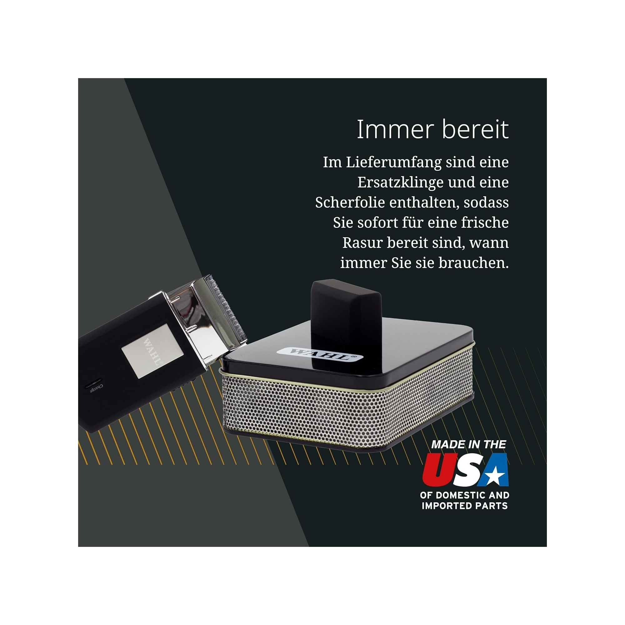 Wahl Rasierer mit Ersatzteilen und "Made in USA" Logo.