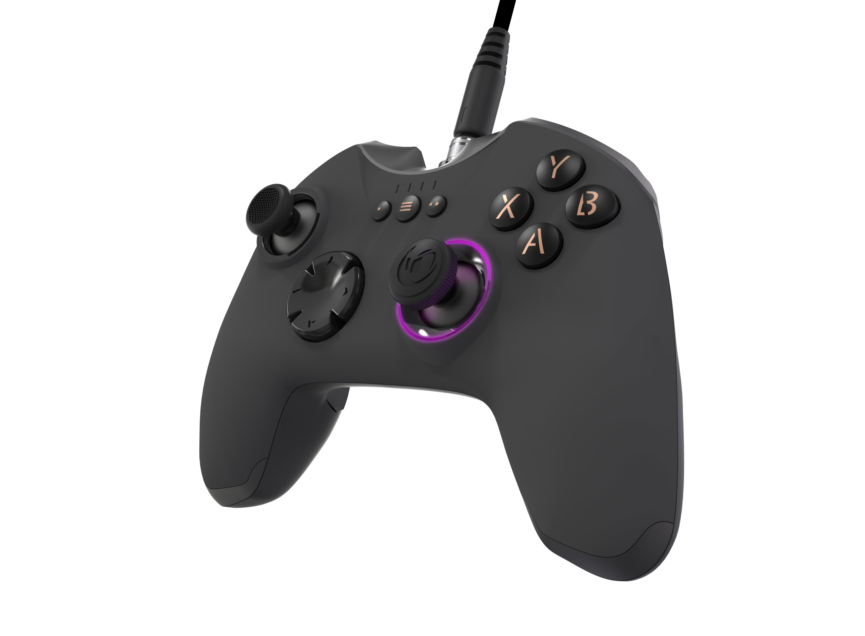 Un controller da gioco nero con accenti viola e un cavo.