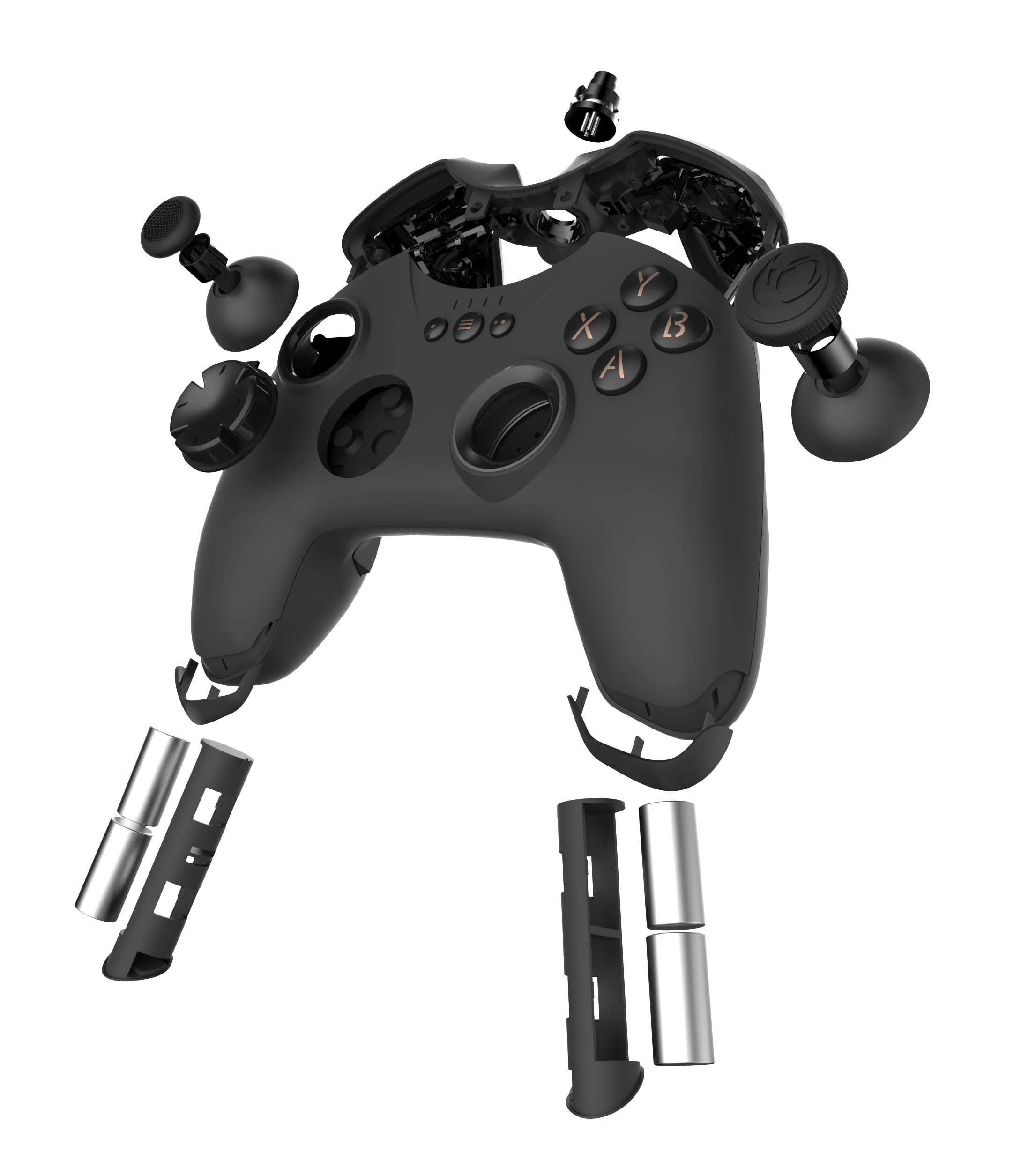 Un controller nero smontato con accenti argentati e componenti individuali.