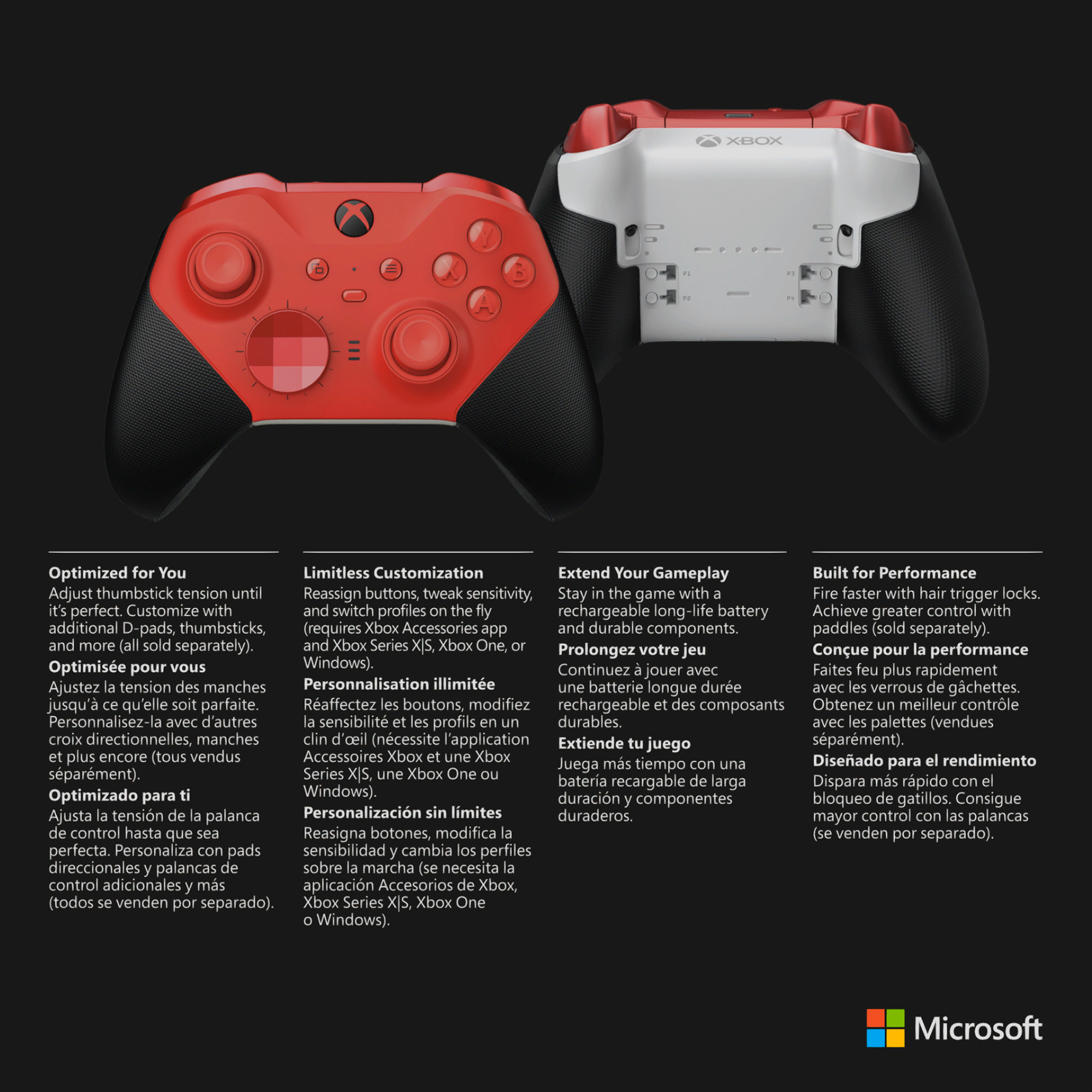 Mandos Xbox rojos y blancos uno al lado del otro, con descripciones.