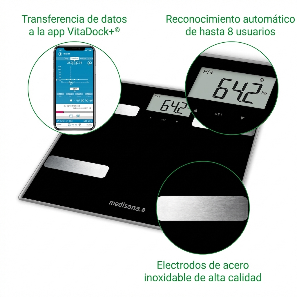 Bilancia digitale nera che mostra 64.2 kg. Elettrodi in acciaio inox e connettività app.