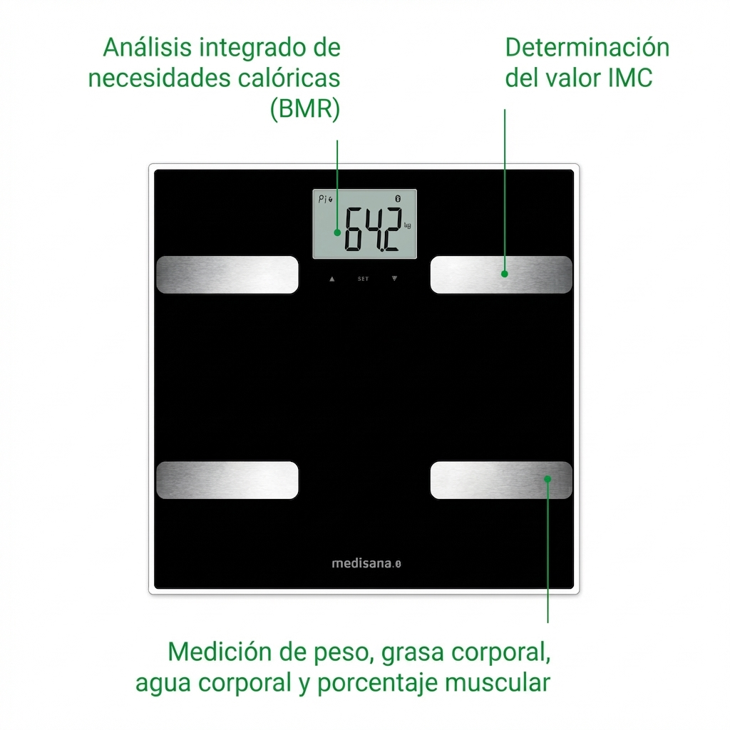 Bilancia digitale nera che mostra 64,2 kg. Con quattro sensori metallici ed etichette.