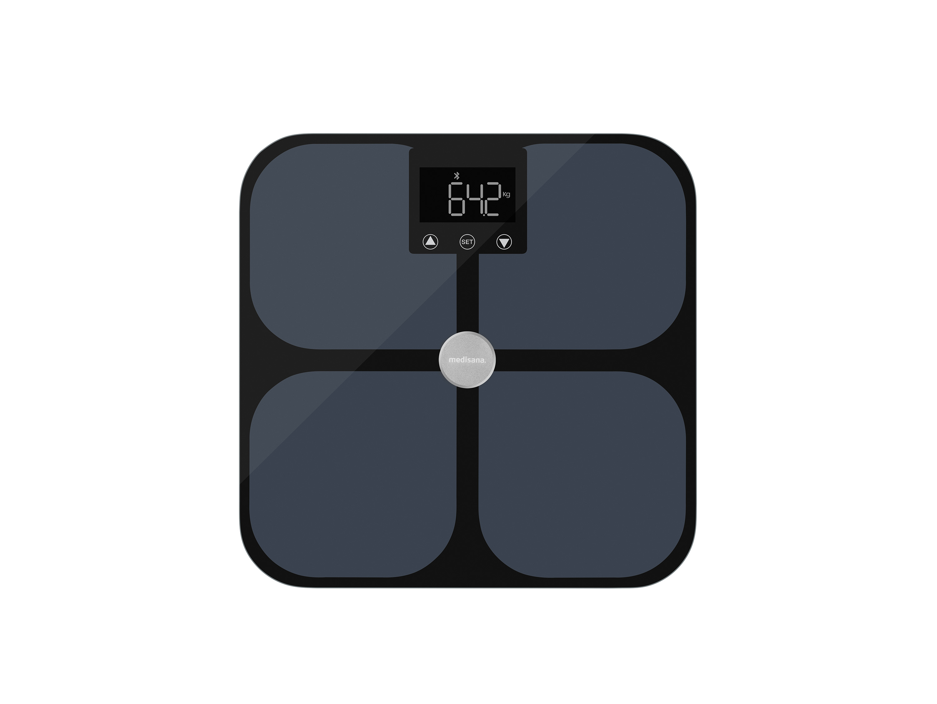 Una bilancia personale digitale scura che mostra 64,2 kg.