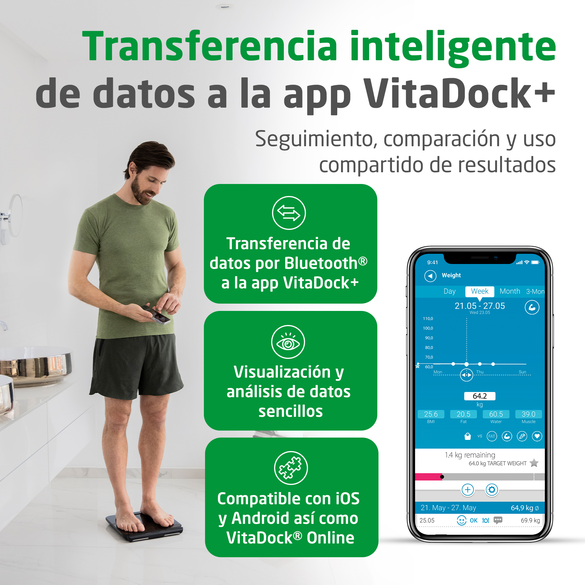 Mann steht auf Waage, Handy in Hand, zeigt VitaDock+ App mit Gewichtsgrafik.