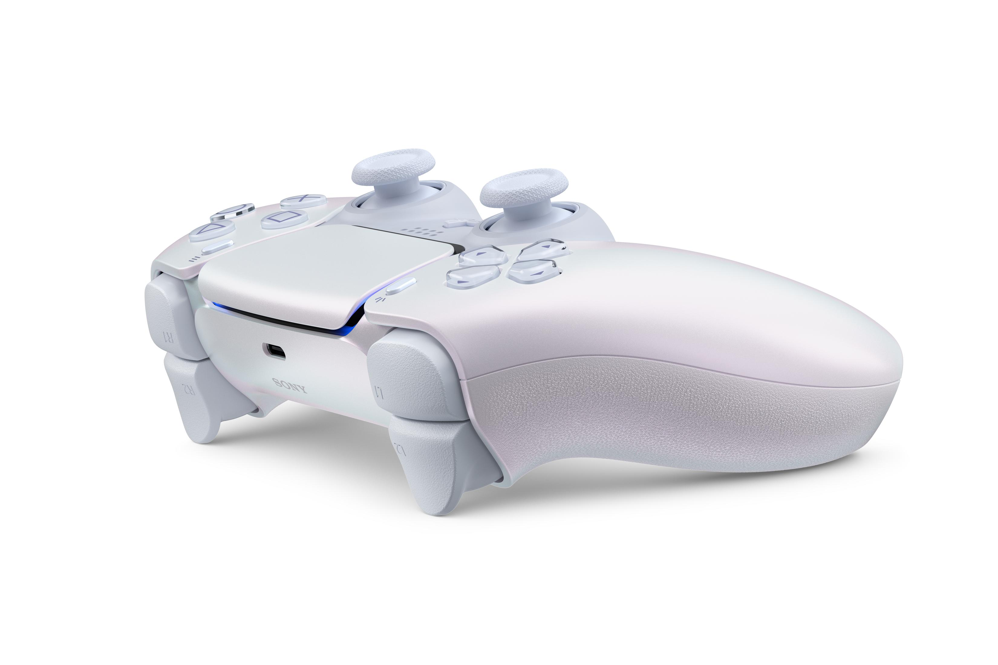 Ein weißer Gaming-Controller mit blauen Akzenten und zwei Joysticks.