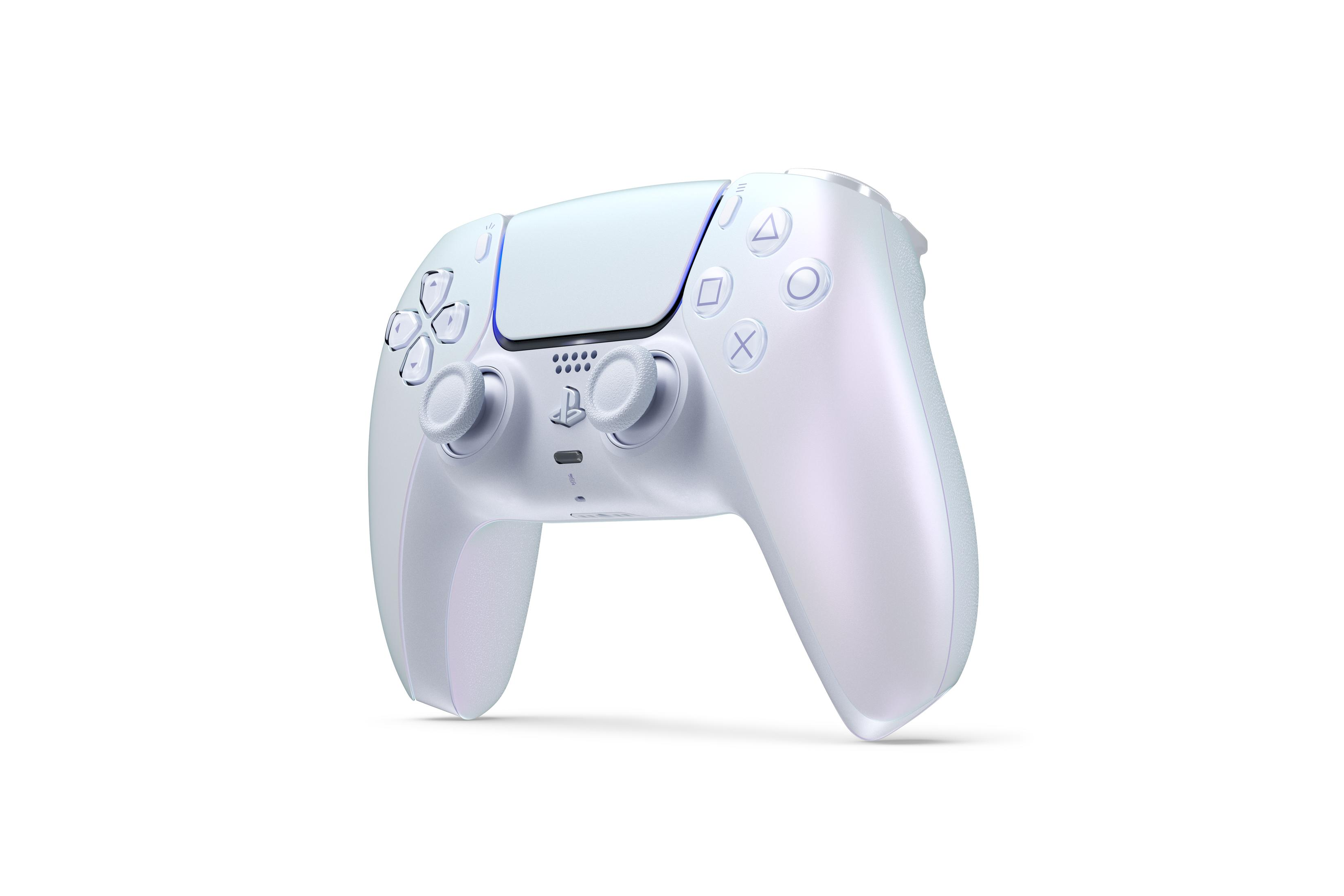 Ein weißer Controller mit blauen Akzenten und Symbolen auf weißem Hintergrund.