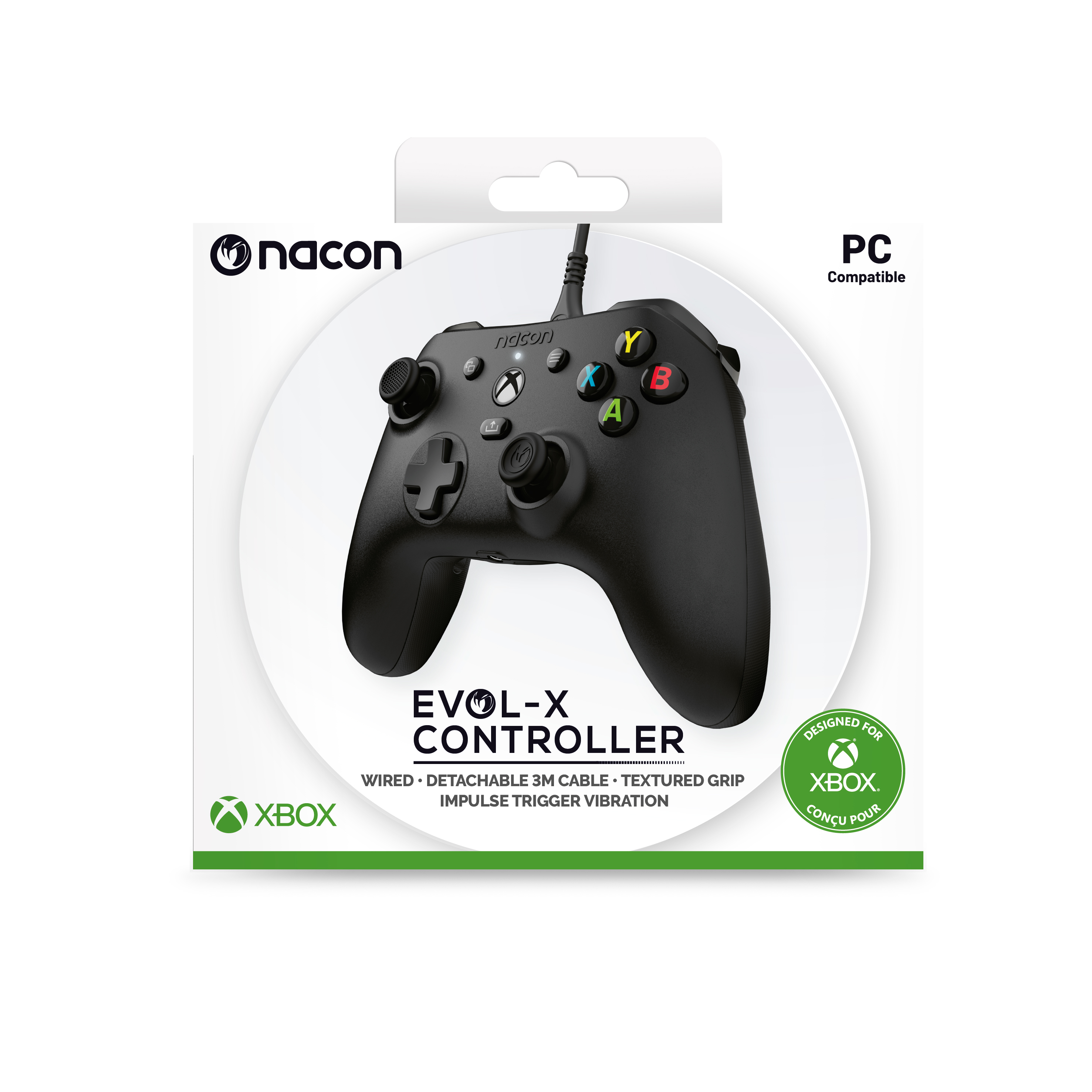 Schwarzer Nacon EVOL-X Controller für PC/Xbox mit Beschriftung und Logo.