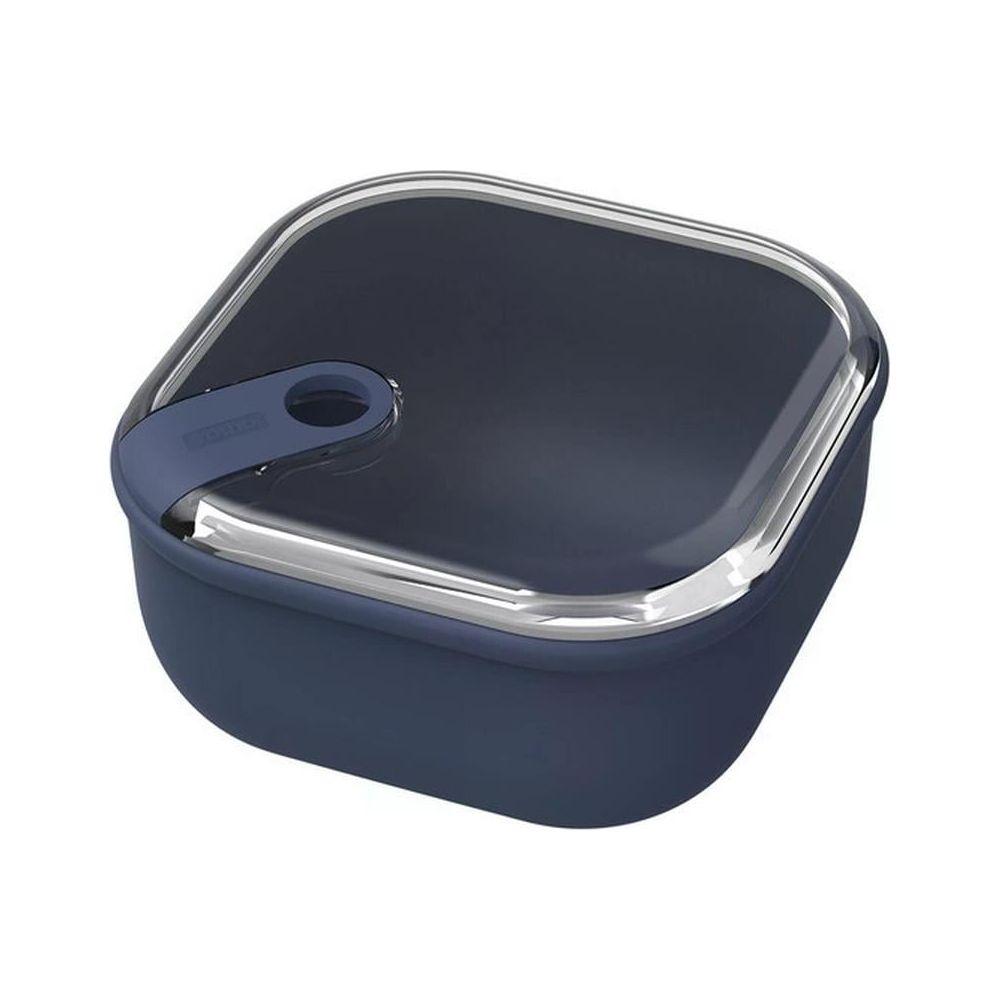 Lunch box quadrata blu scuro con coperchio trasparente e bordo argentato.