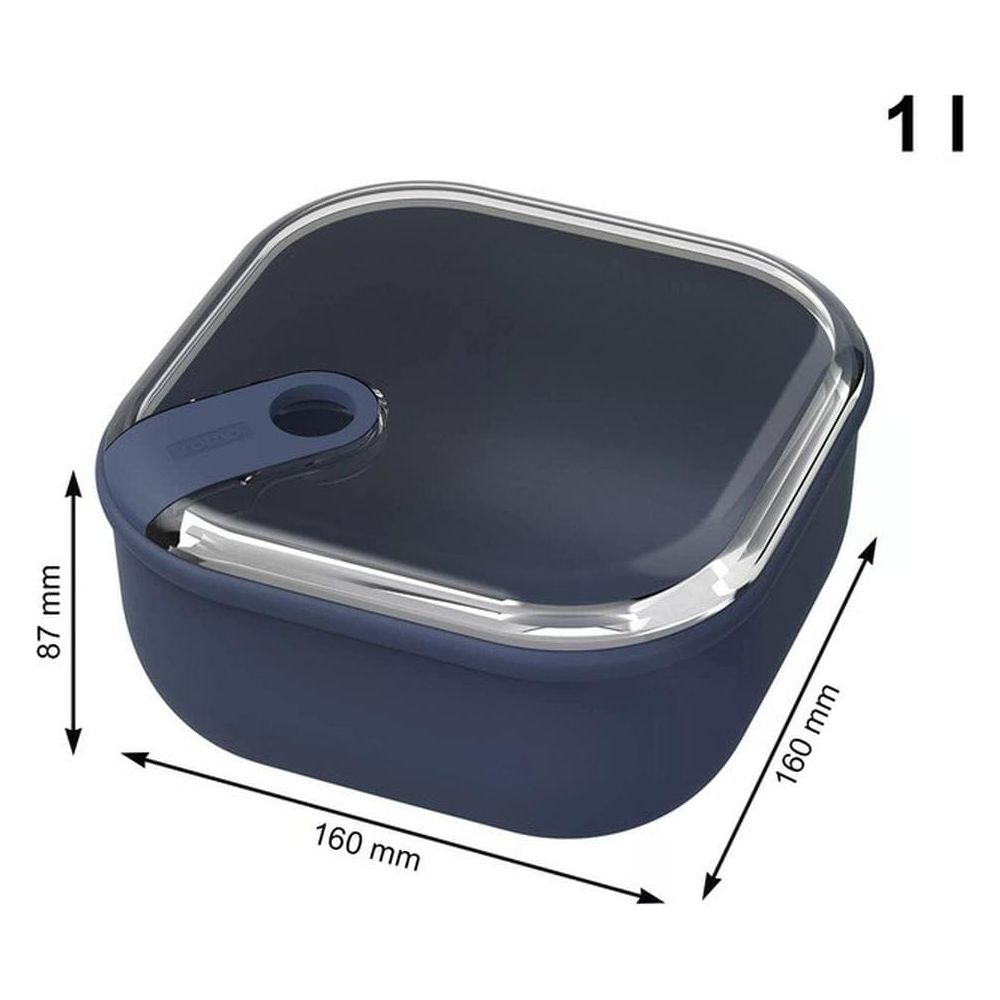 Lunchbox blu scuro, 160x160x87mm, capacità 1L, con coperchio trasparente.