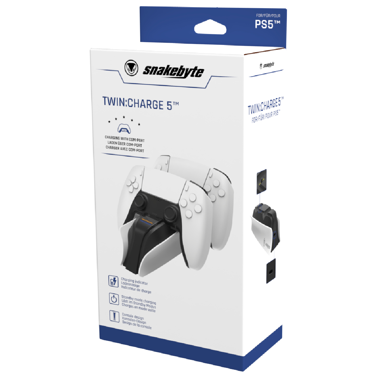Verpakking voor een Snakebyte Twin:Charge 5 PS5 controllerlader.