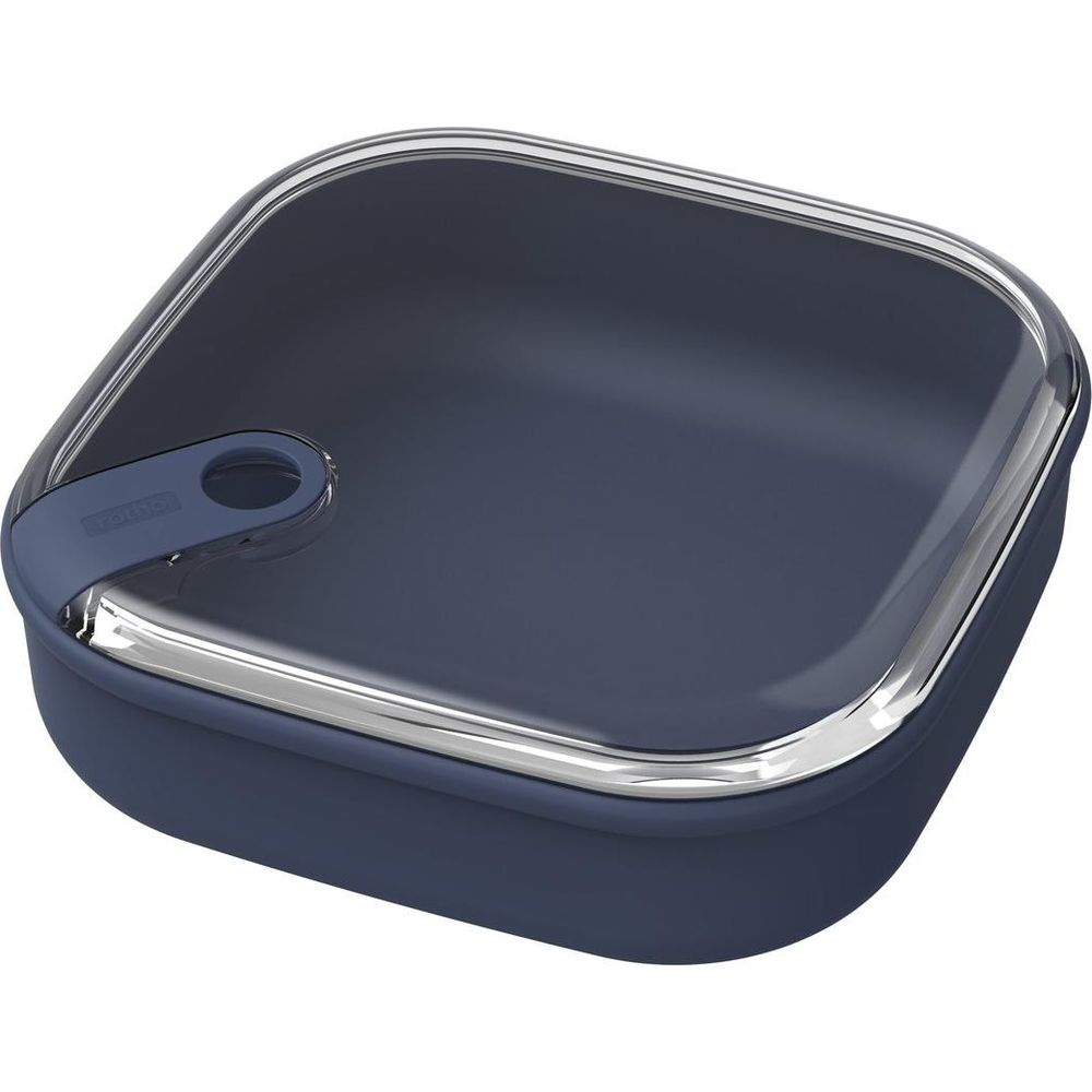 Lunchbox blu scuro con coperchio trasparente e bordo argentato.
