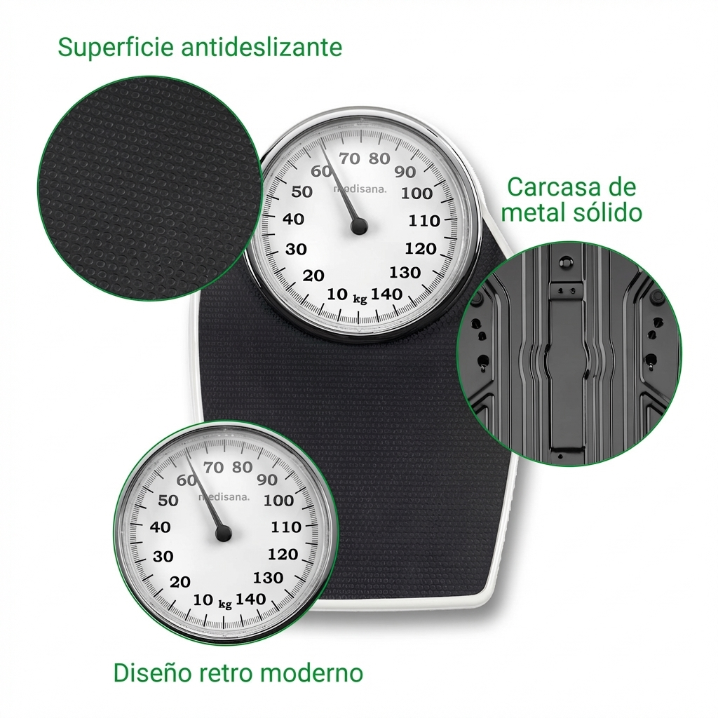 Une balance analogique noire avec deux cadrans, montrant des gros plans de sa surface antidérapante et de son boîtier.