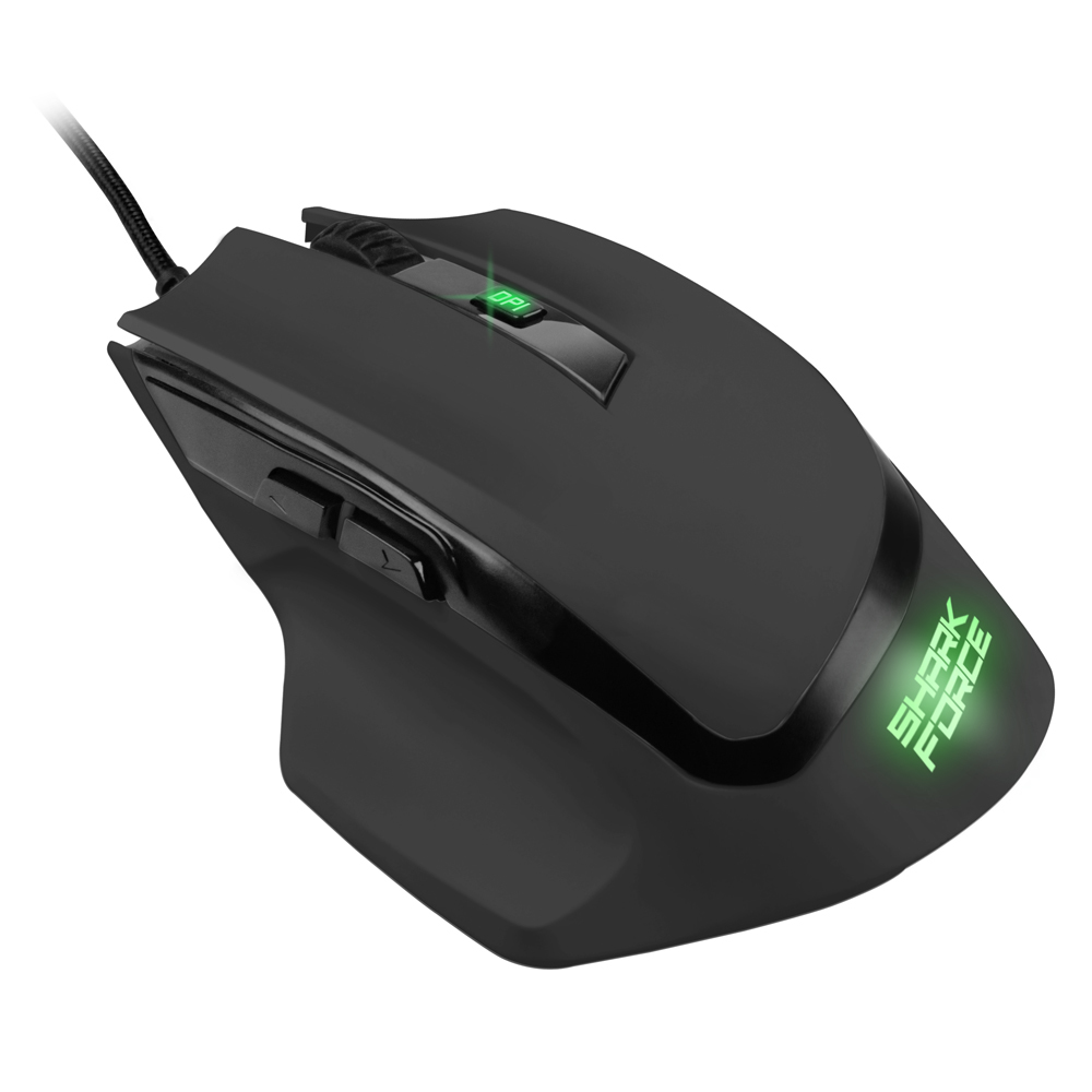 Schwarze Gaming-Maus mit grünen Akzenten und beleuchtetem Logo.
