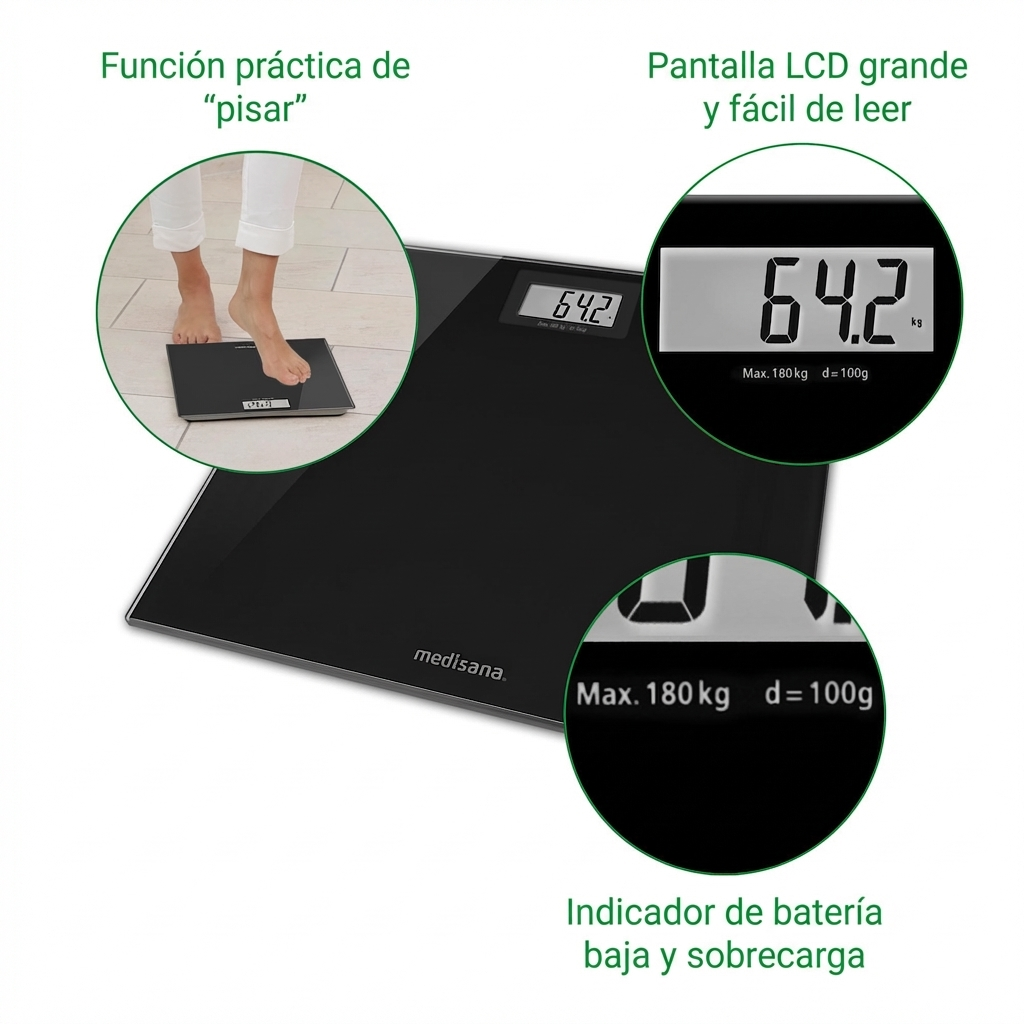 Black digital scale with large LCD showing 64.2 kg. Feet are stepping on.