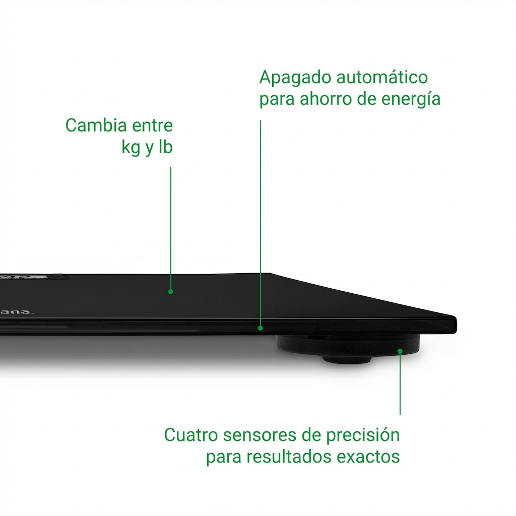 Black digital scale with precision sensors, kg/lb switch, and auto-off energy saving.