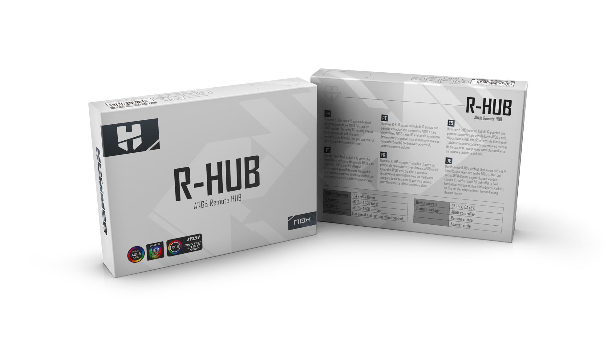 Embalaje para un concentrador remoto ARGB con puertos, especificaciones y logotipos.