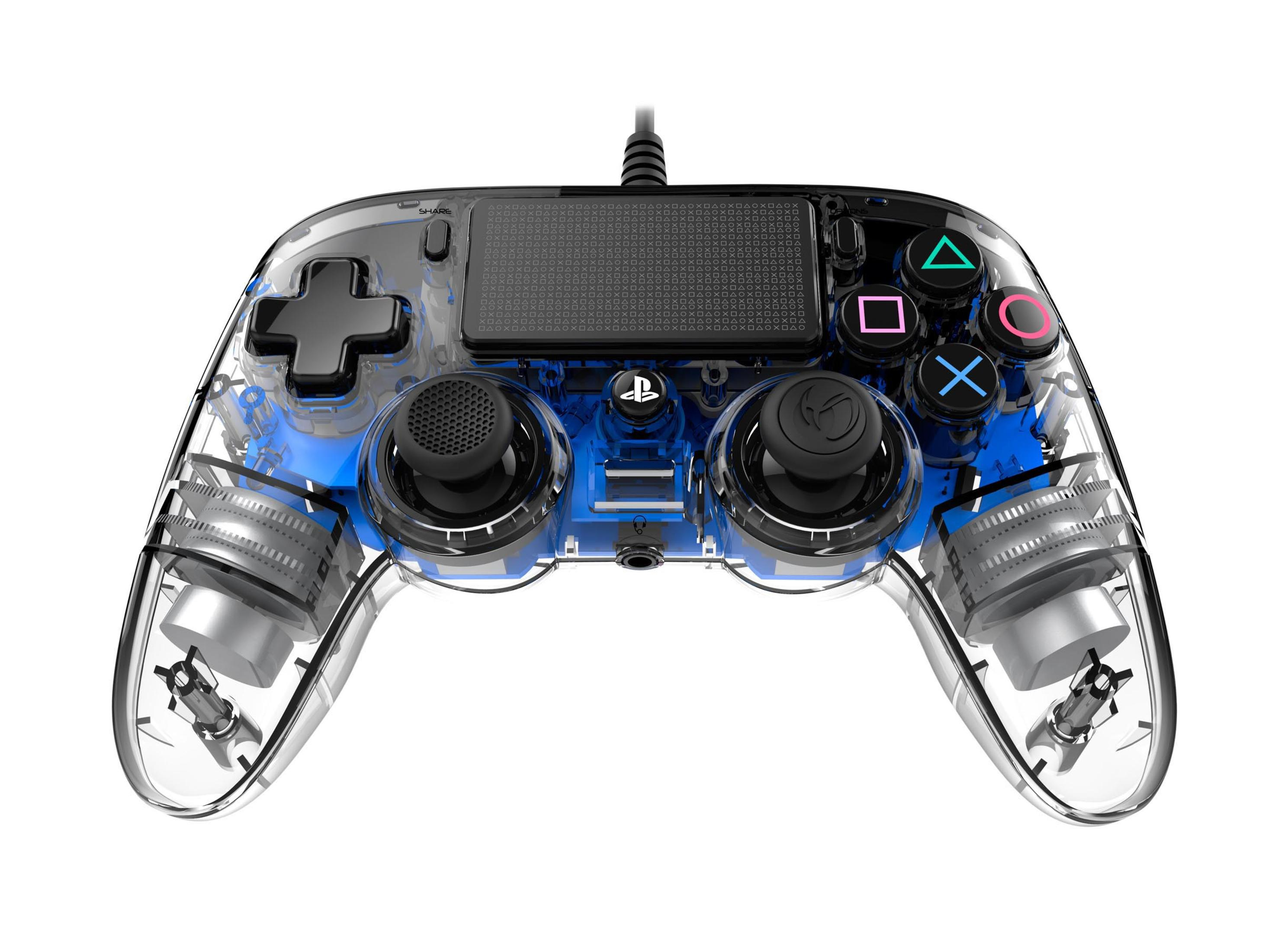 Controller trasparente con interni blu e pulsanti neri.