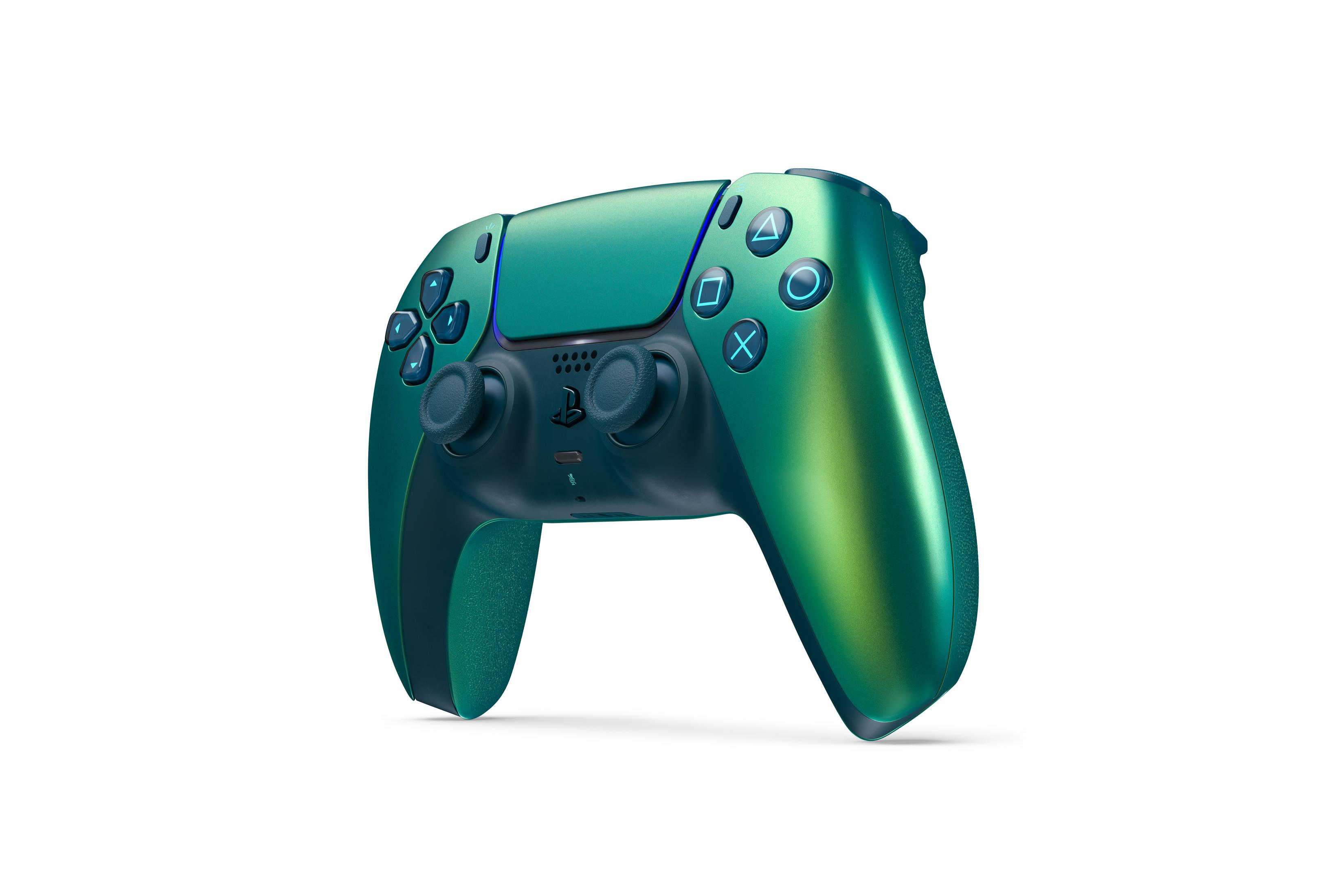 Un mando de color verde azulado con acabado brillante y botones azules.