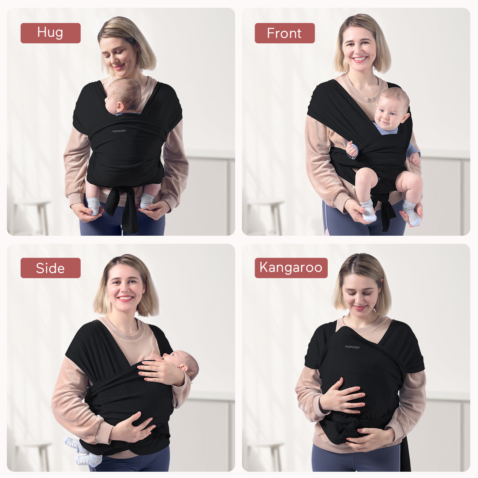 Donna porta bambino in fascia nera nelle posizioni abbraccio, fronte, fianco e canguro.